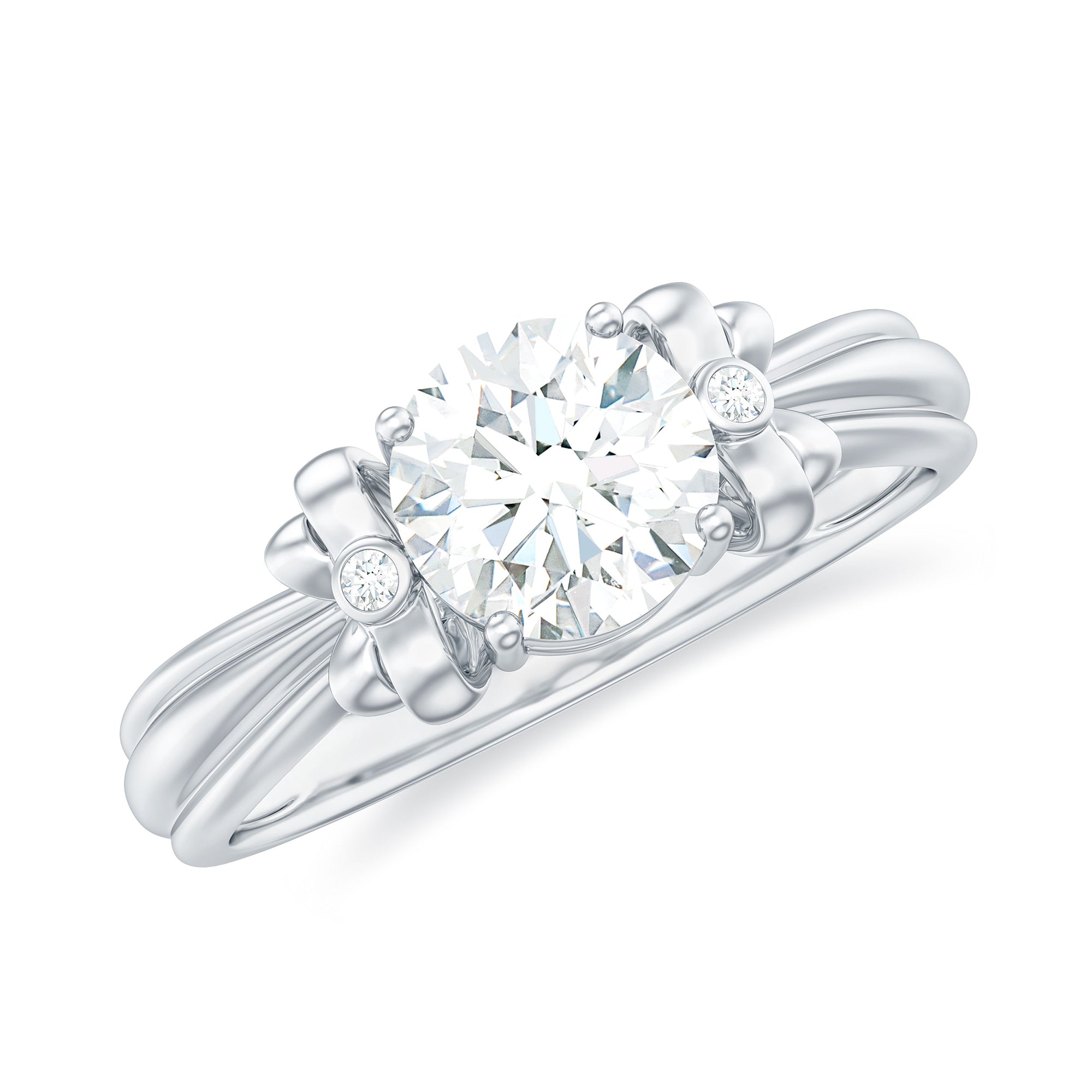 Round Cut Moissanite Solitaire Engagement Ring with Bow Moissanite - ( D-VS1 ) - Color and Clarity - Rosec Jewels