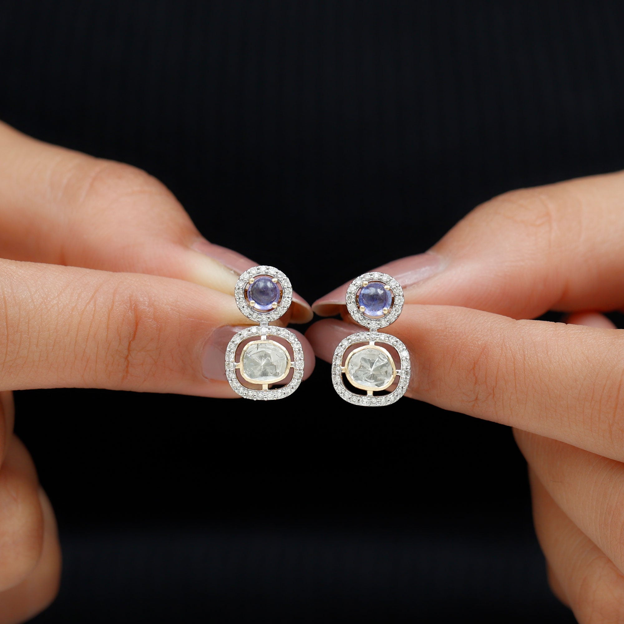 Polki Diamond and Tanzanite Halo Stud Earrings with Natural Diamonds - Rosec Jewels