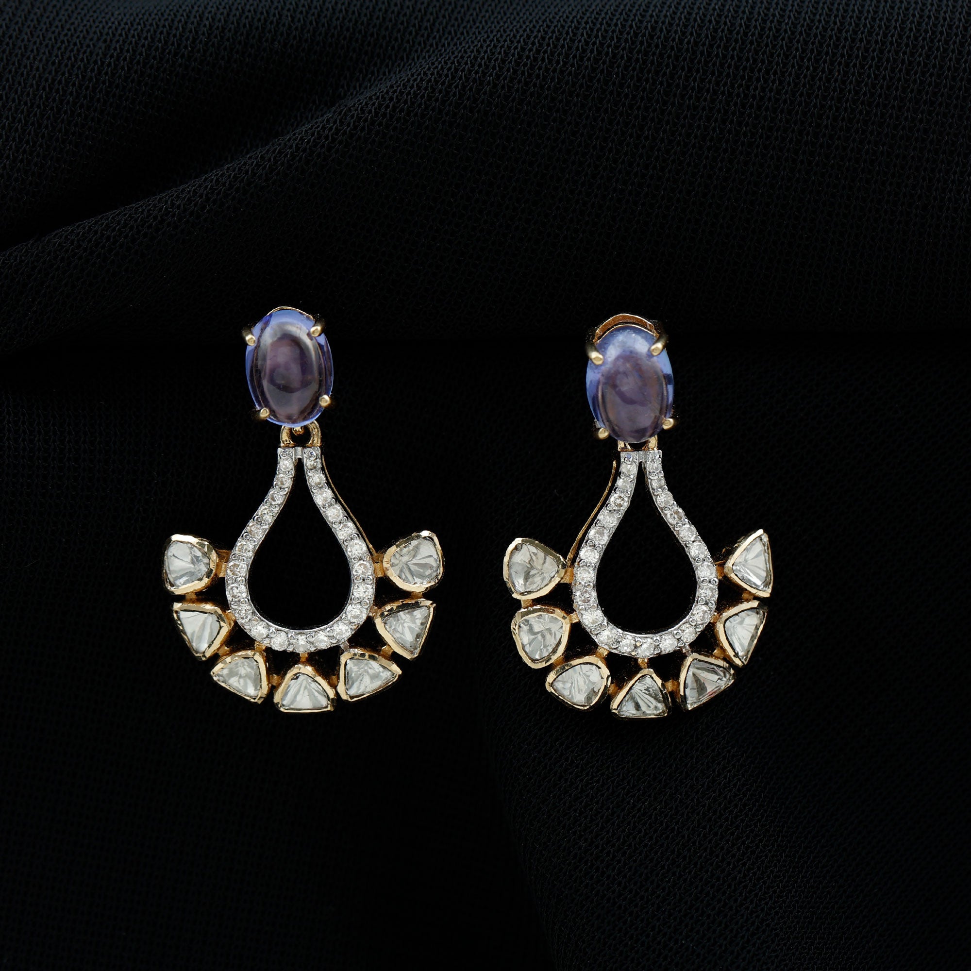 Polki Diamond and Tanzanite Teardrop Earrings in 18k Gold - Rosec Jewels