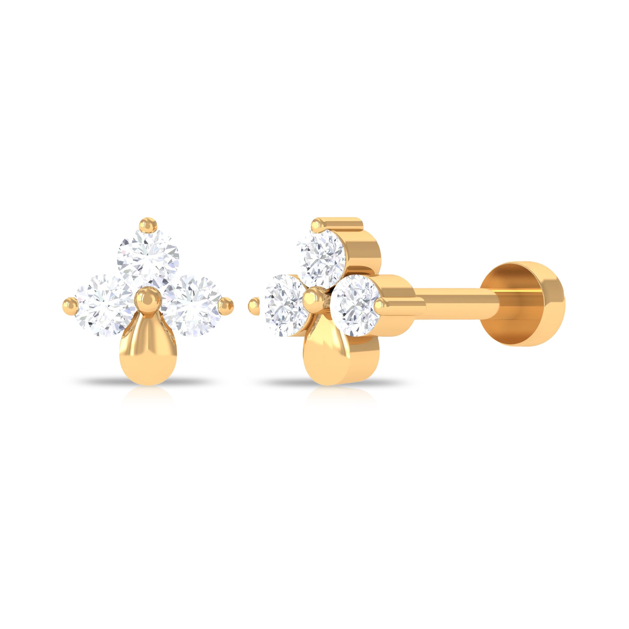 Natural Diamond 3 Stone Flower Nose Pin in Gold Diamond - ( HI-SI ) - Color and Clarity - Rosec Jewels