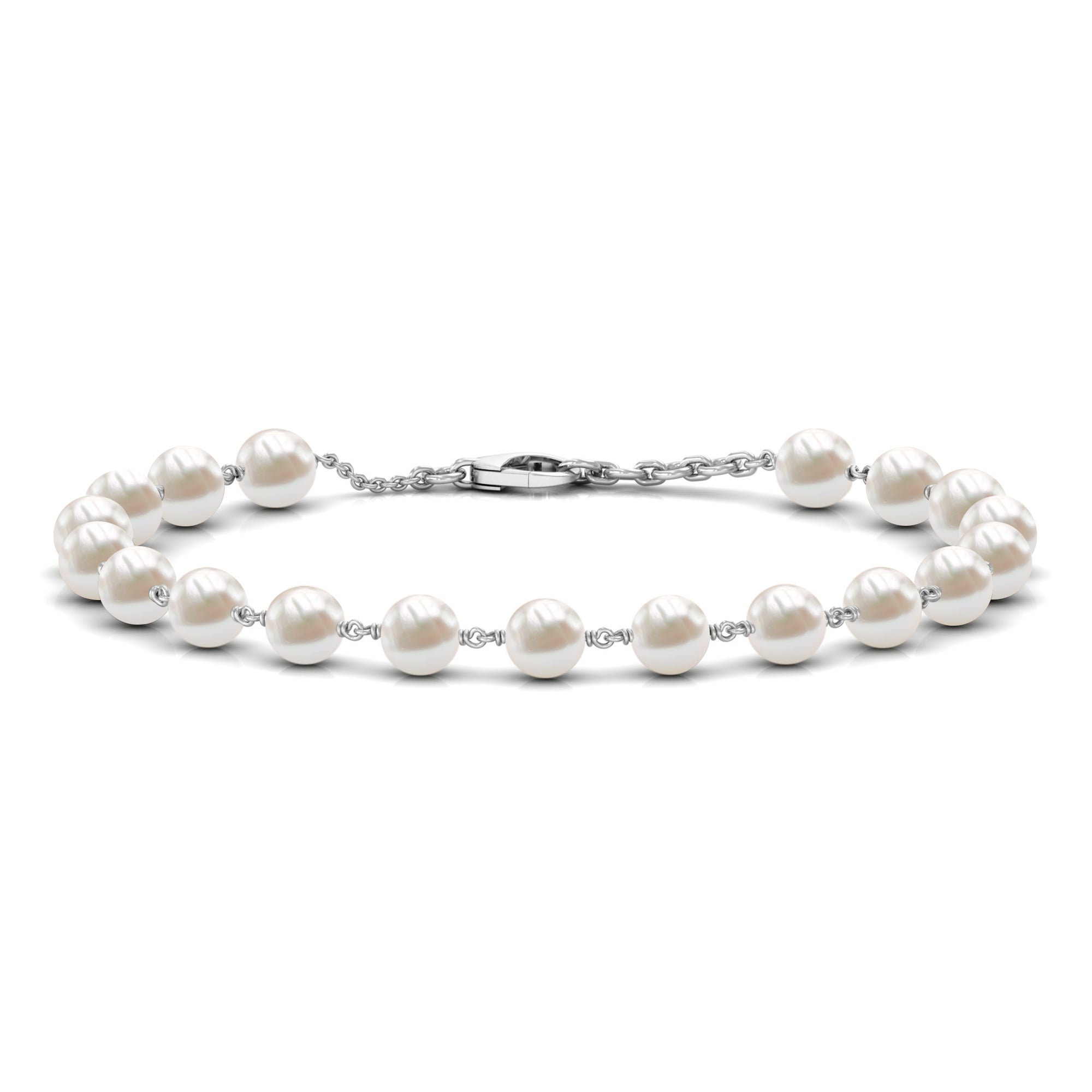 8 MM Round Freshwater Pearl Station Chain Bracelet Freshwater Pearl - ( AAA ) - Quality - Rosec Jewels