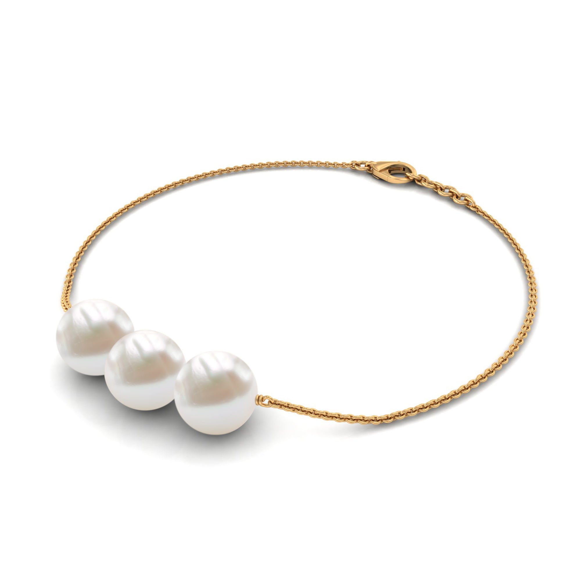 8 MM Freshwater Pearl Three Stone Chain Bracelet in Gold Freshwater Pearl - ( AAA ) - Quality - Rosec Jewels