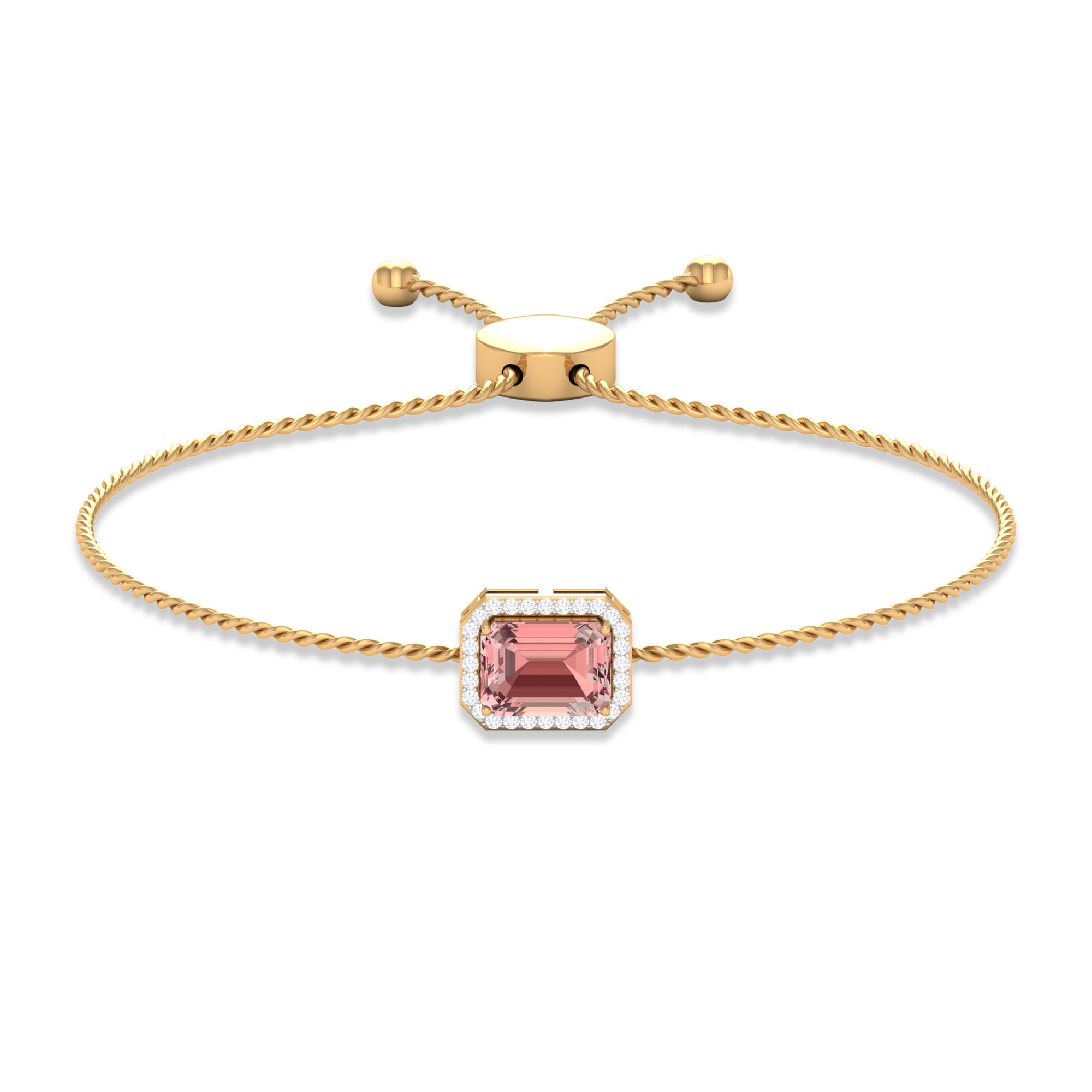 6X8 MM Emerald Cut Morganite Bolo Chain Bracelet with Diamond Accent Morganite - ( AAA ) - Quality - Rosec Jewels