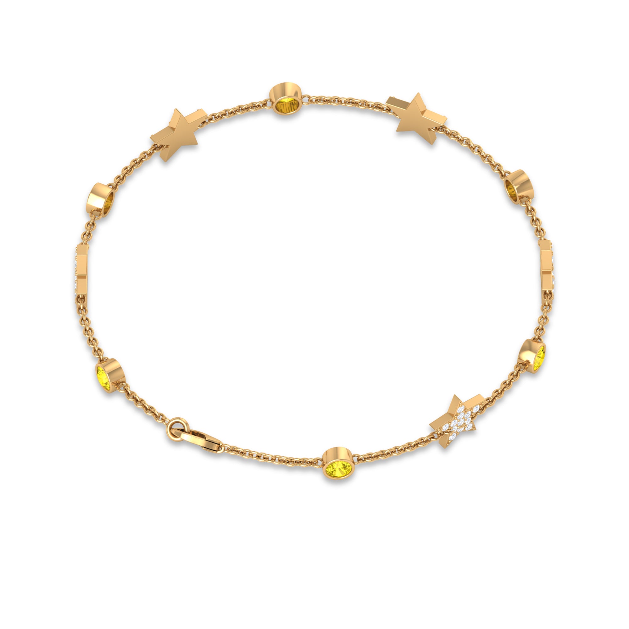 Round Yellow Sapphire and Diamond Star Station Chain Bracelet Yellow Sapphire - ( AAA ) - Quality - Rosec Jewels