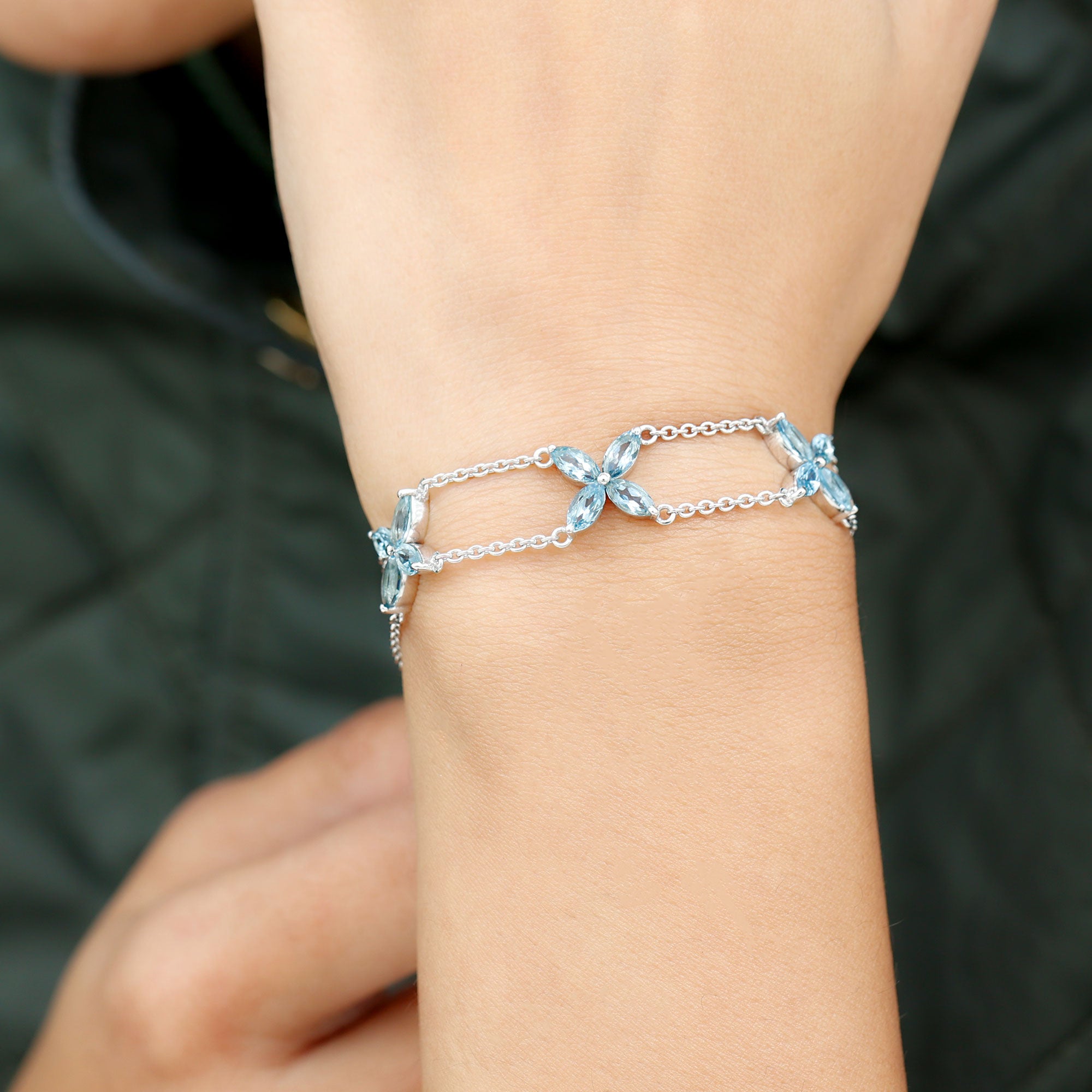 Marquise Cut Aquamarine Floral Double Chain Bracelet Aquamarine - ( AAA ) - Quality - Rosec Jewels