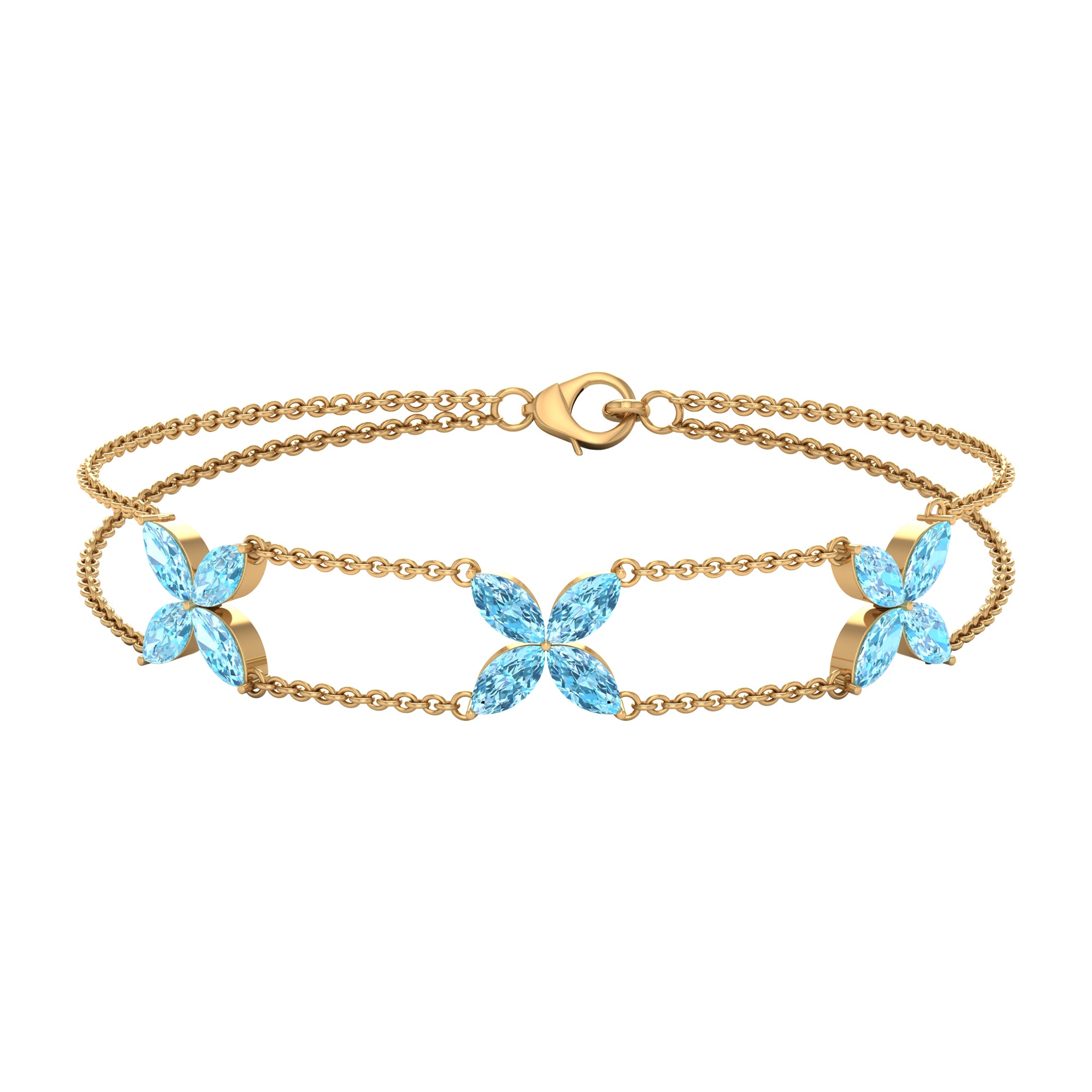 Marquise Cut Aquamarine Floral Double Chain Bracelet Aquamarine - ( AAA ) - Quality - Rosec Jewels