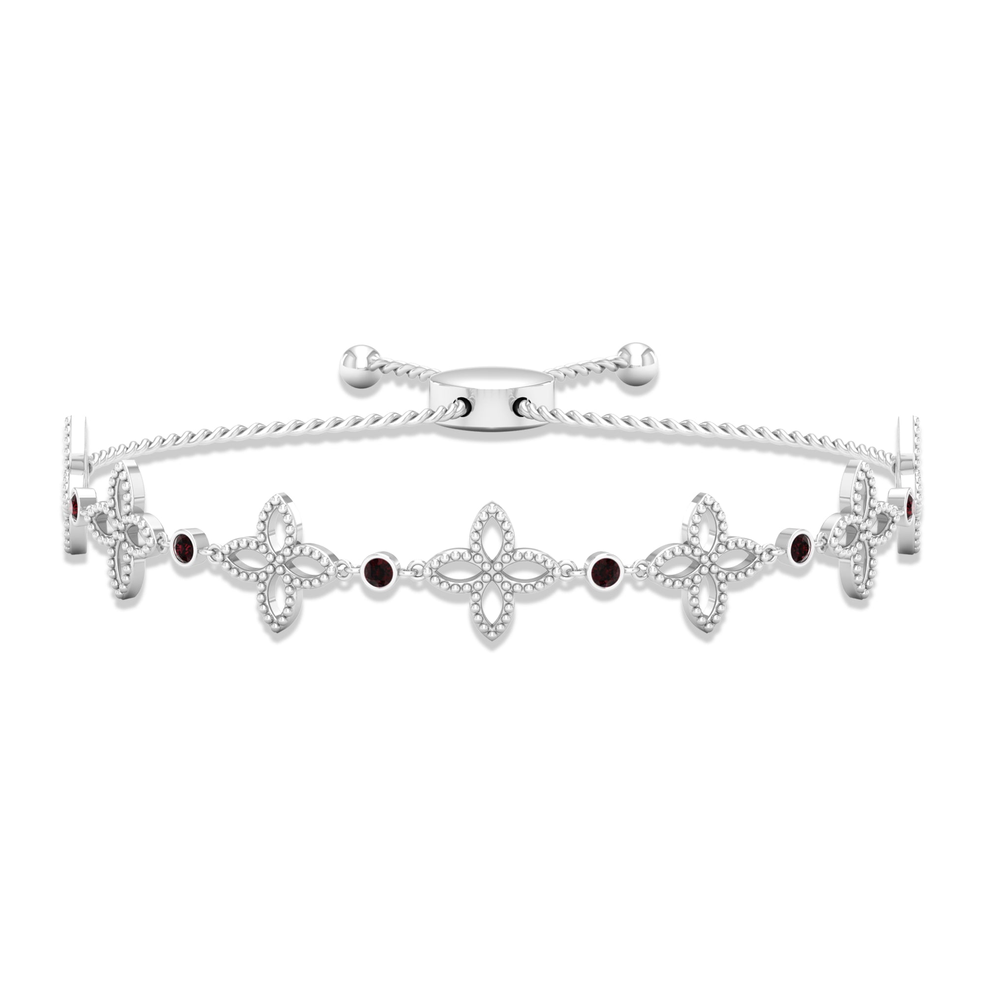 0.25 CT Bezel Set Garnet and Gold Floral Bolo Chain Bracelet with Beaded Details Garnet - ( AAA ) - Quality - Rosec Jewels