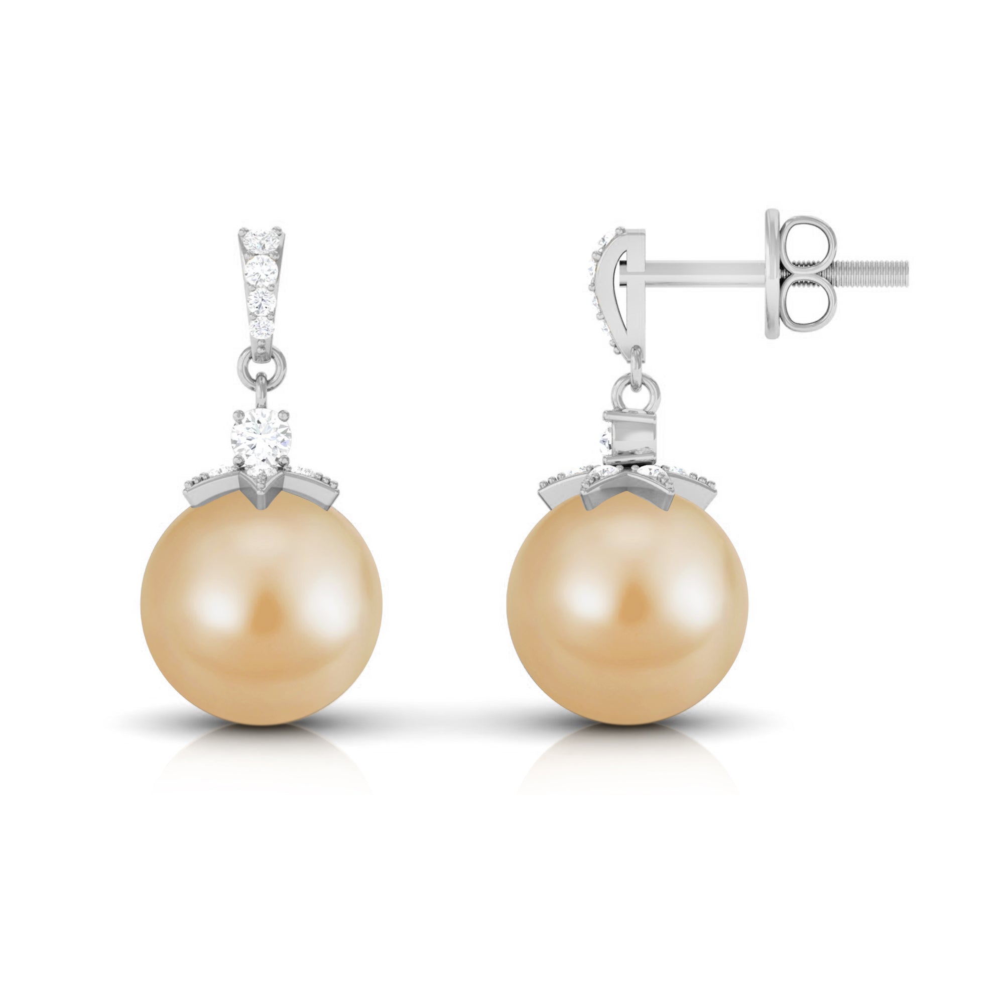 South Sea Pearl Minimal Drop Earrings with Diamond Stones South Sea Pearl - ( AAA ) - Quality - Rosec Jewels