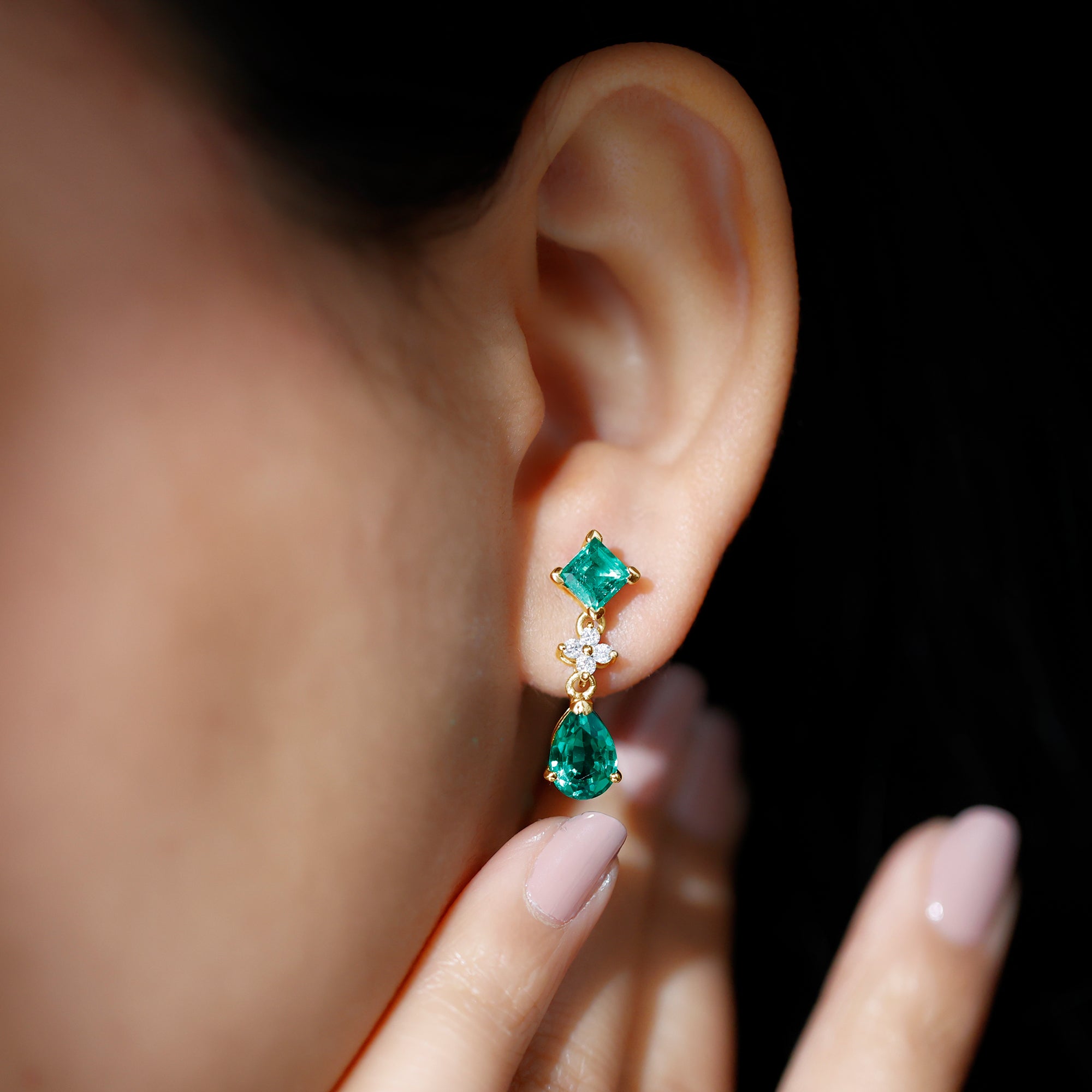 3.5 CT Created Emerald and Moissanite Bridal Dangle Earrings in Gold Lab Created Emerald - ( AAAA ) - Quality - Rosec Jewels