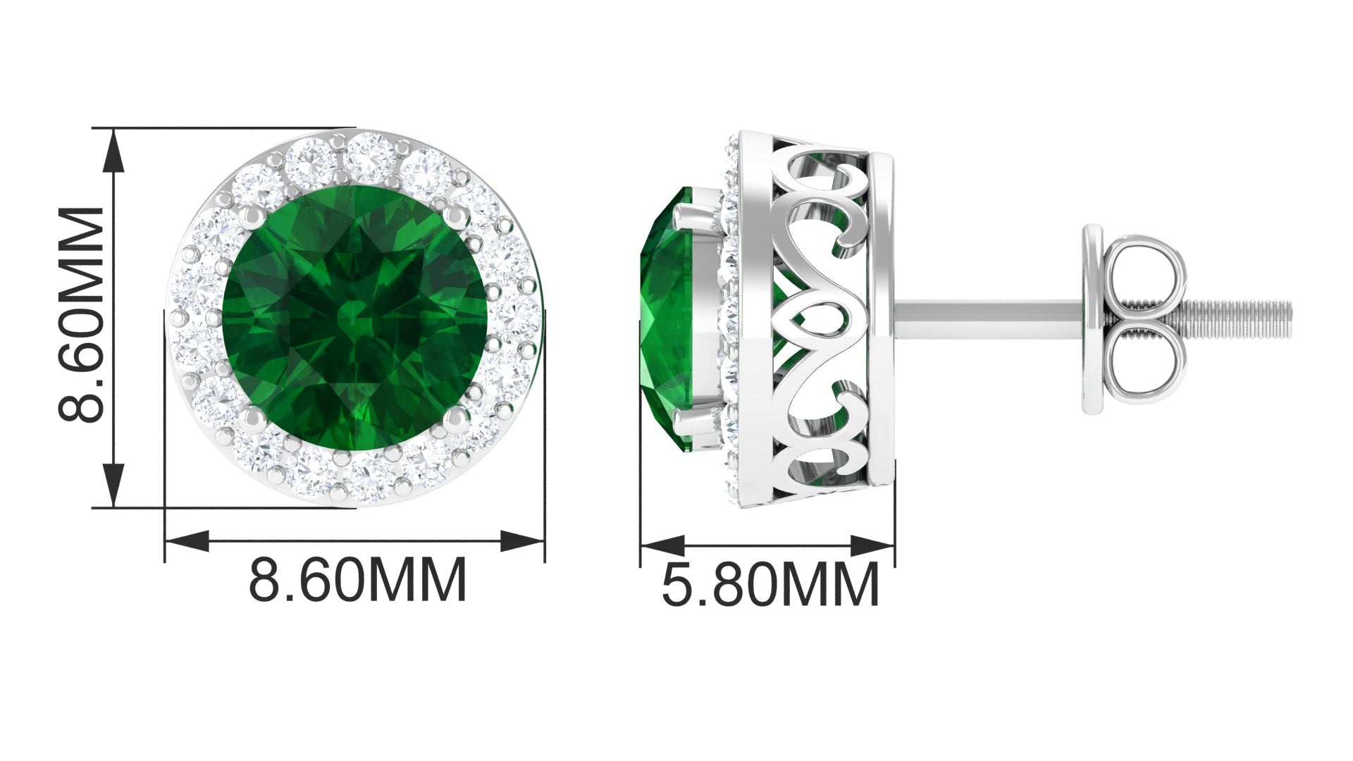 2-Carat Round Lab Created Emerald Stud Earrings With Diamond Halo Lab Created Emerald - ( AAAA ) - Quality - Rosec Jewels