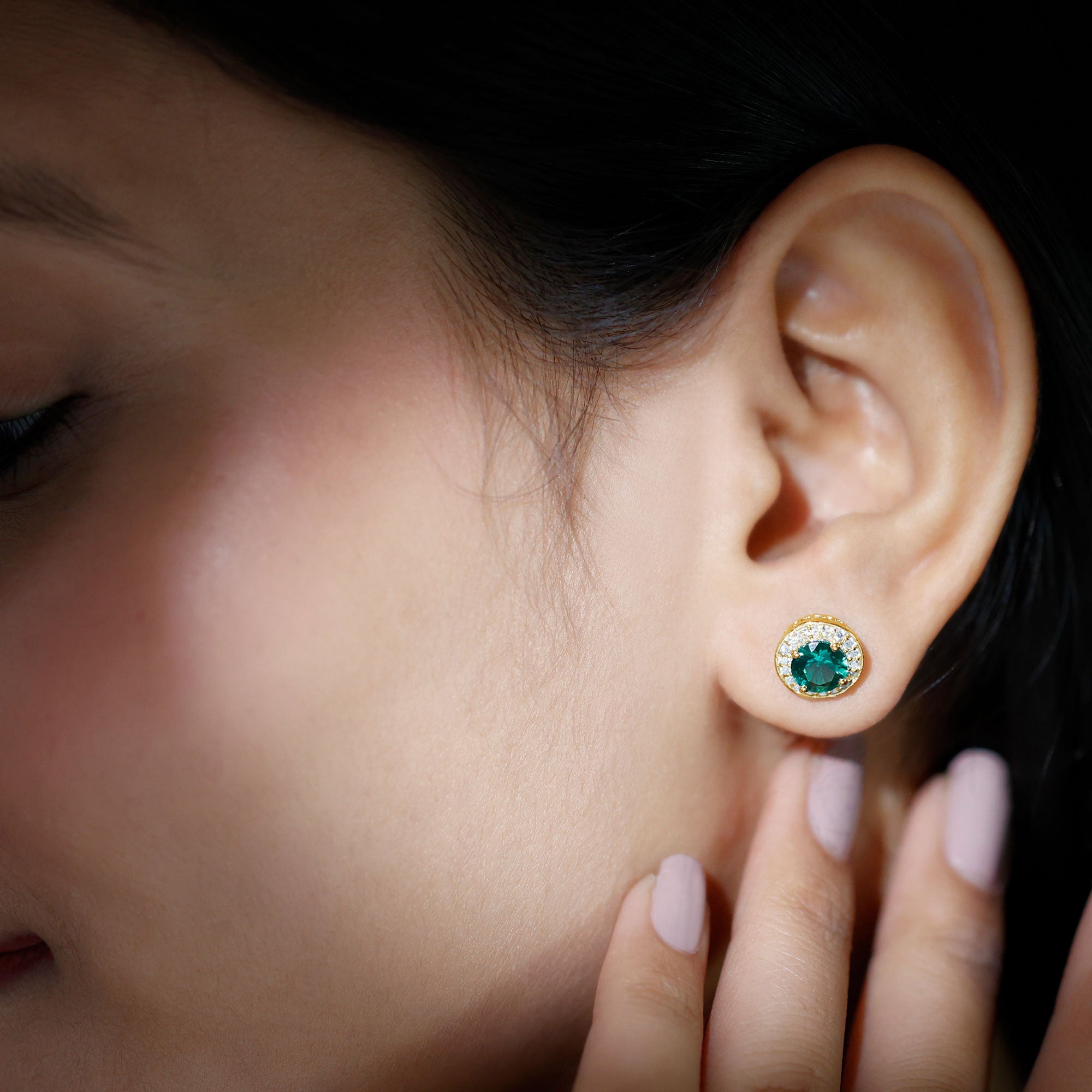 2-Carat Round Lab Created Emerald Stud Earrings With Diamond Halo Lab Created Emerald - ( AAAA ) - Quality - Rosec Jewels