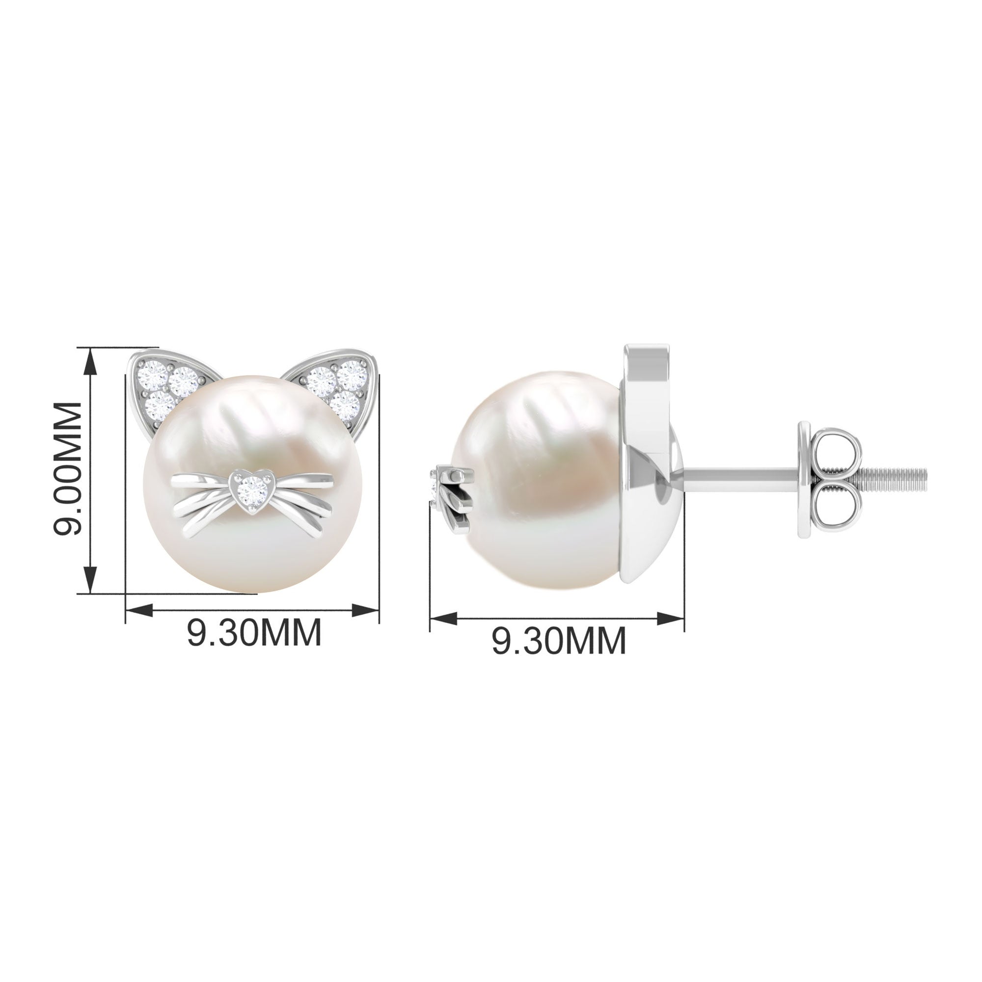 15 CT Freshwater Pearl and Diamond Kitten Stud Earrings Freshwater Pearl - ( AAA ) - Quality - Rosec Jewels