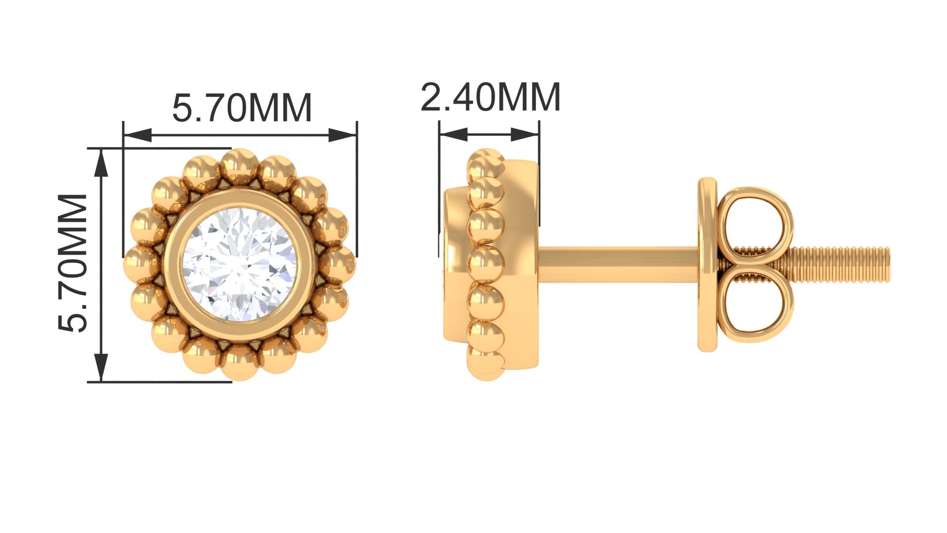 Gold Embellished Diamond Solitaire Screw Back Stud Earring Diamond - ( HI-SI ) - Color and Clarity - Rosec Jewels