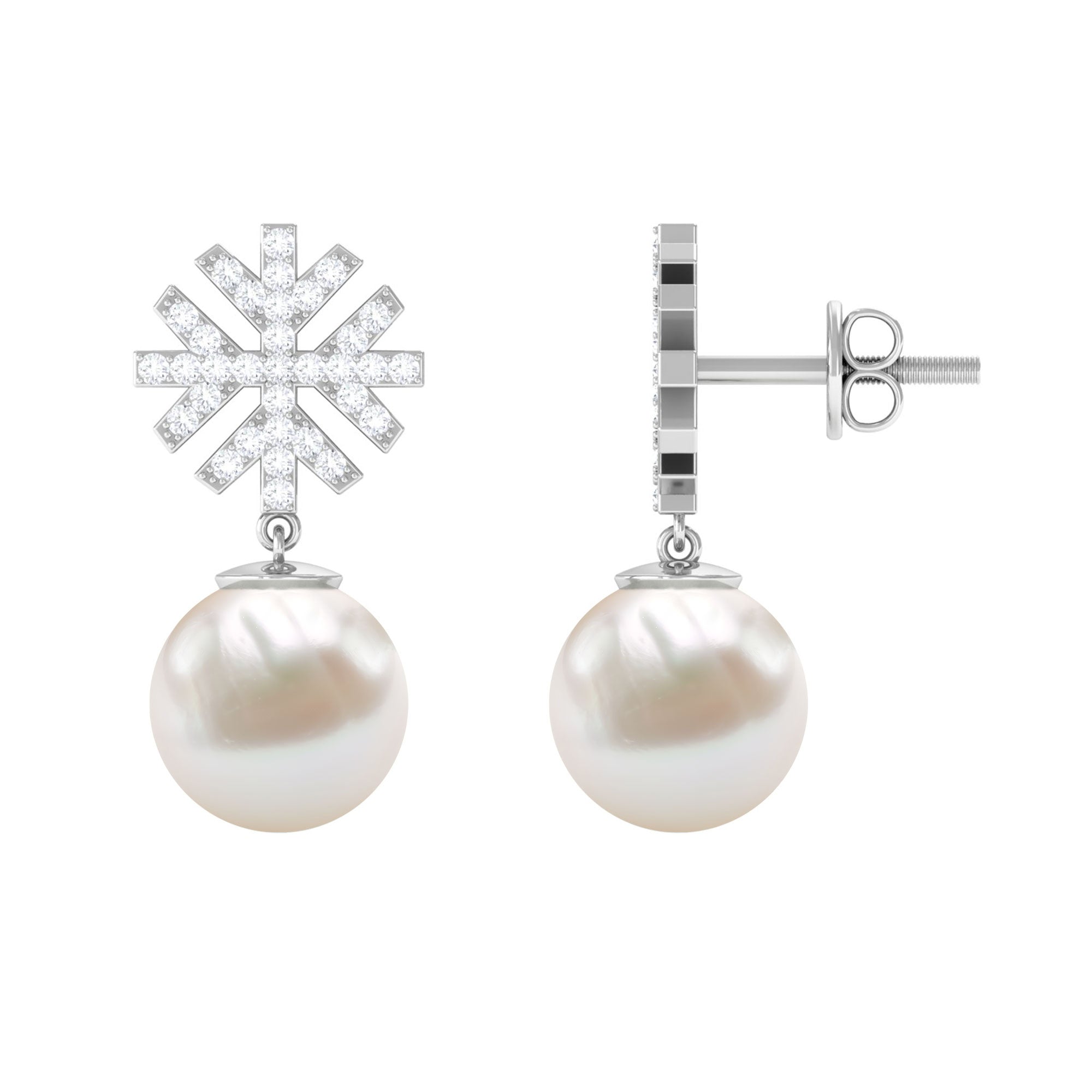 Freshwater Pearl Drop Earrings with Round Shape Diamond Stones Freshwater Pearl - ( AAA ) - Quality - Rosec Jewels