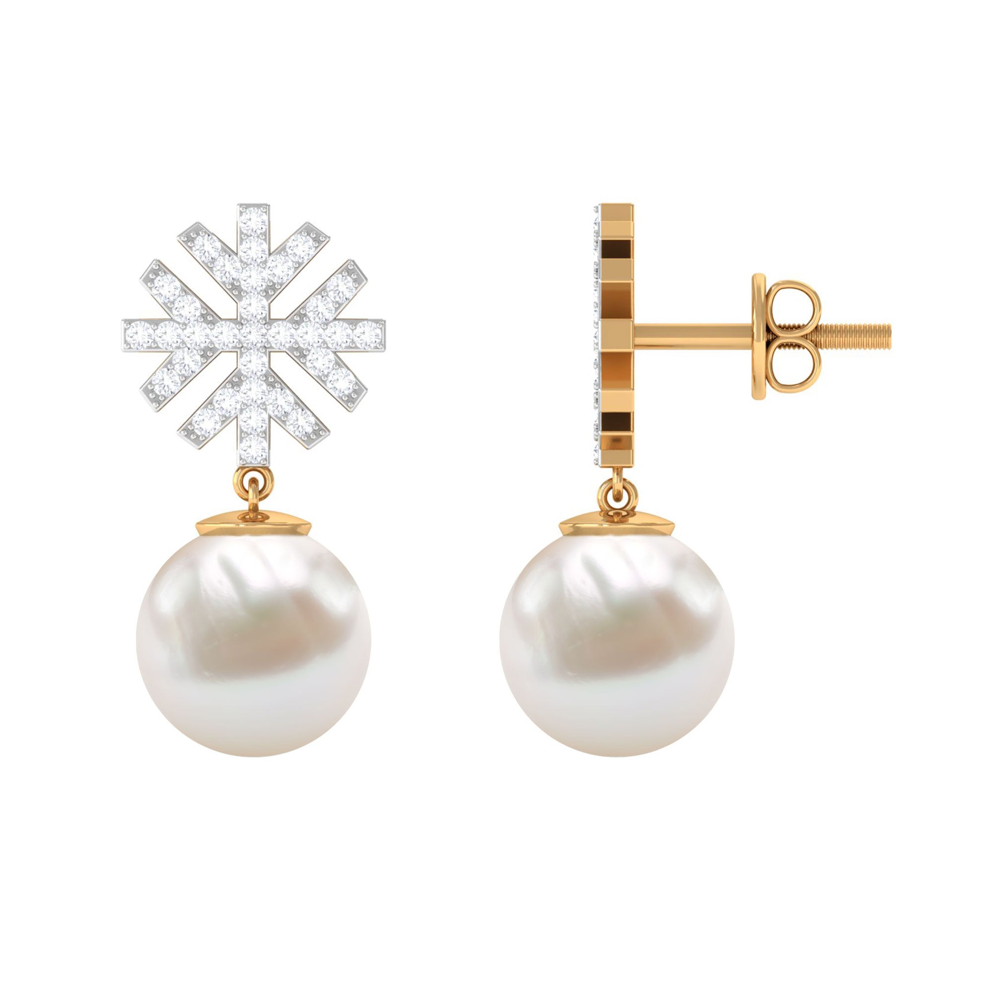 Freshwater Pearl Drop Earrings with Round Shape Diamond Stones Freshwater Pearl - ( AAA ) - Quality - Rosec Jewels