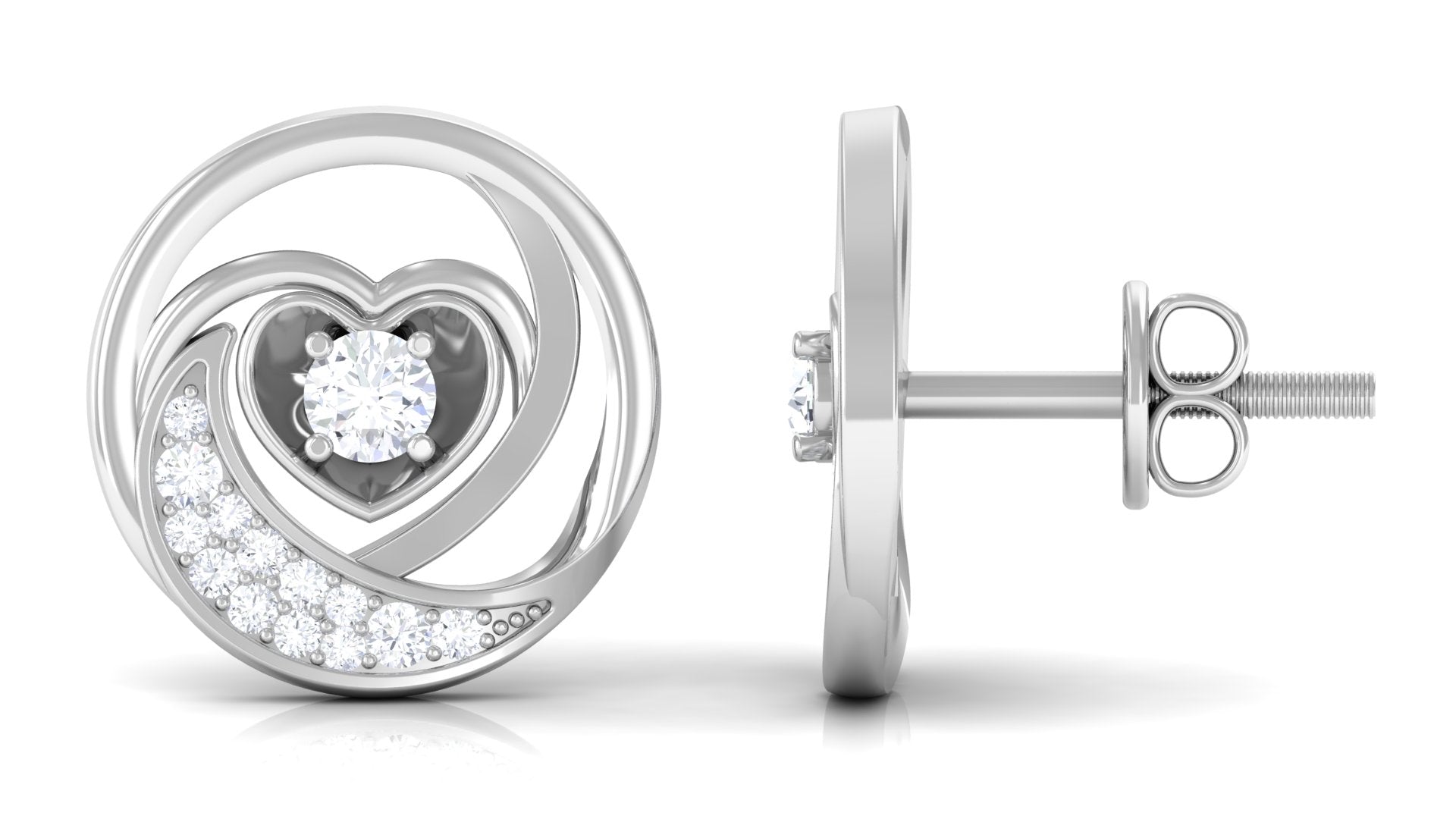 Prong Set Round Cubic Zirconia Moon Heart Stud Earrings Zircon - ( AAAA ) - Quality - Rosec Jewels