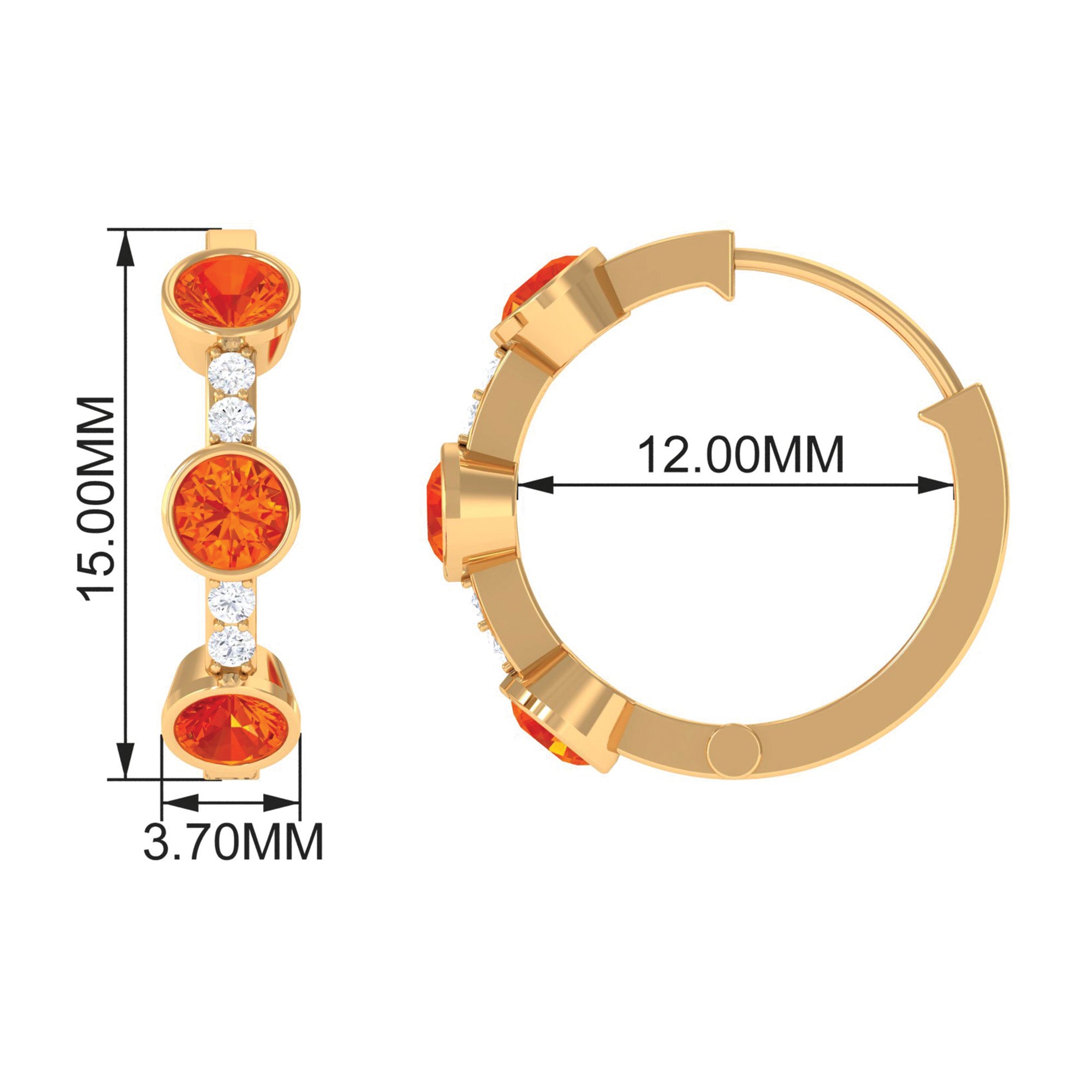 1 CT Bezel Set Orange Sapphire Three Stone Hoop Earrings with Diamond Orange Sapphire - ( AAA ) - Quality - Rosec Jewels