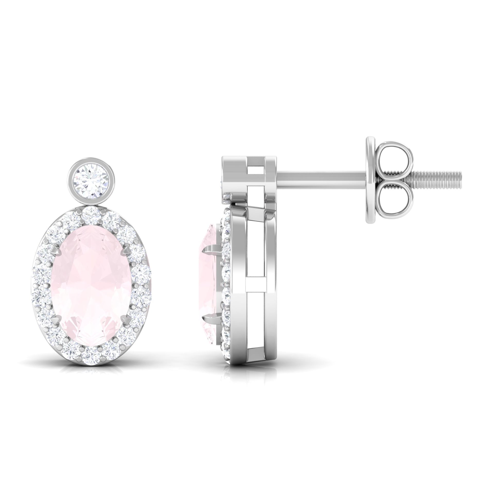 1 CT Oval Rose Quartz and Diamond Halo Stud Earrings Rose Quartz - ( AAA ) - Quality - Rosec Jewels