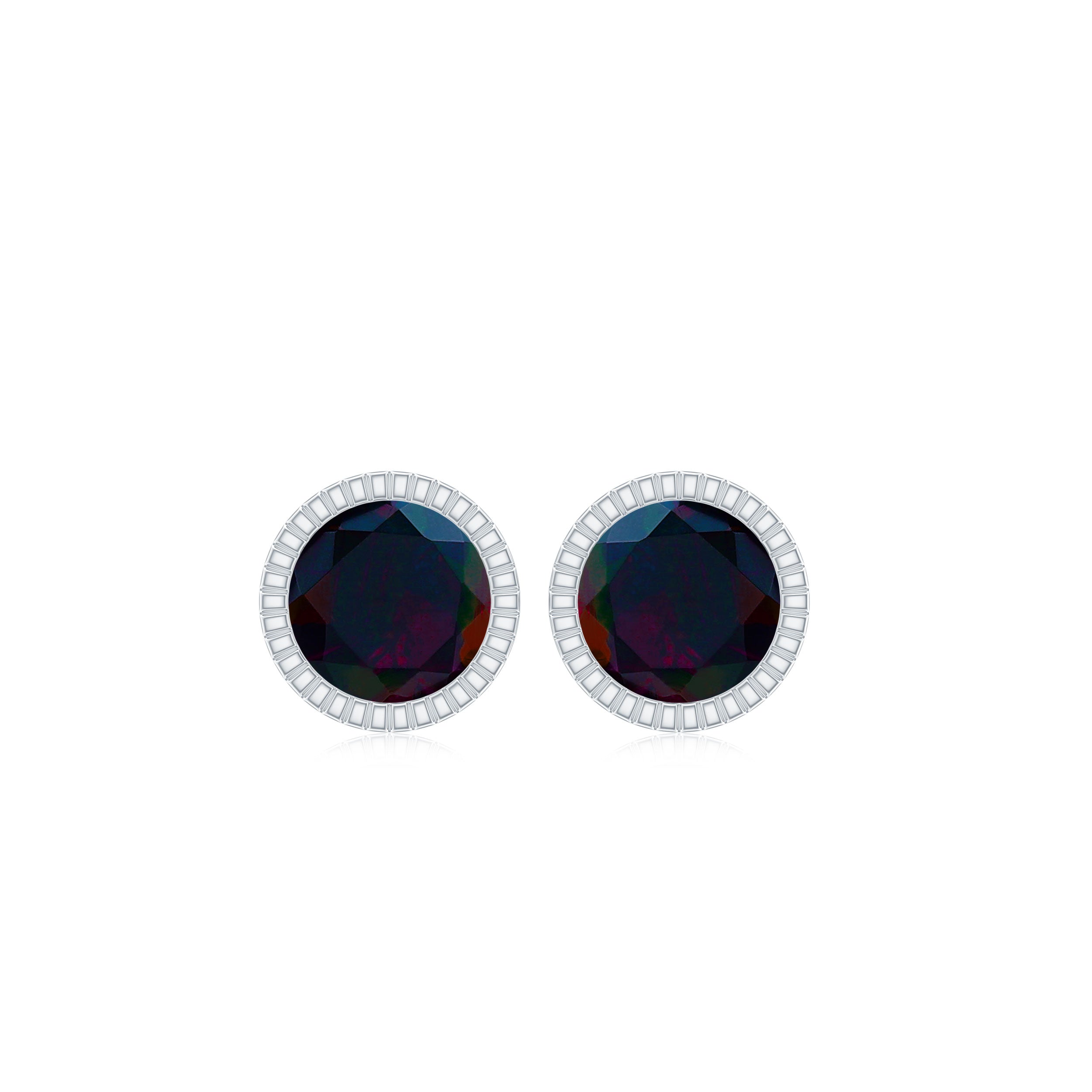 Round Black Opal Solitaire Stud Earrings in Milgrain Bezel Setting Black Opal - ( AAA ) - Quality - Rosec Jewels