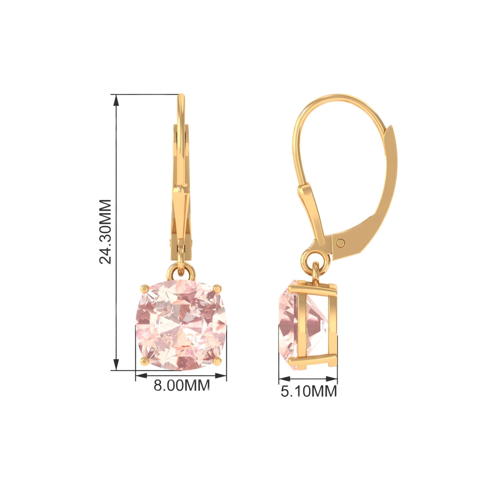 8 MM Cushion Cut Morganite Solitaire Drop Earrings with Lever Back Morganite - ( AAA ) - Quality - Rosec Jewels