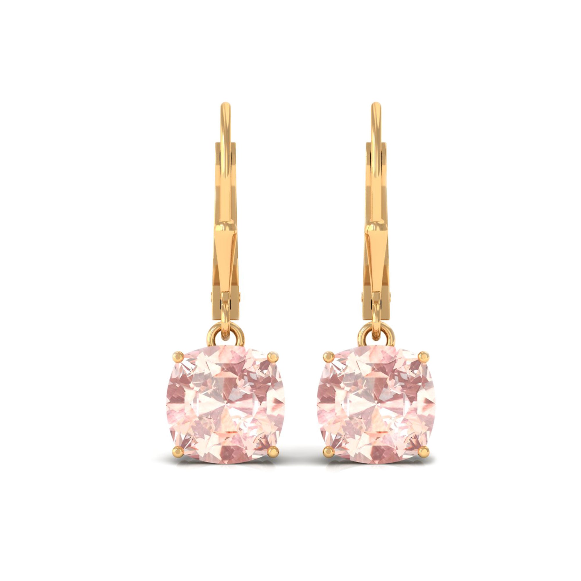 8 MM Cushion Cut Morganite Solitaire Drop Earrings with Lever Back Morganite - ( AAA ) - Quality - Rosec Jewels