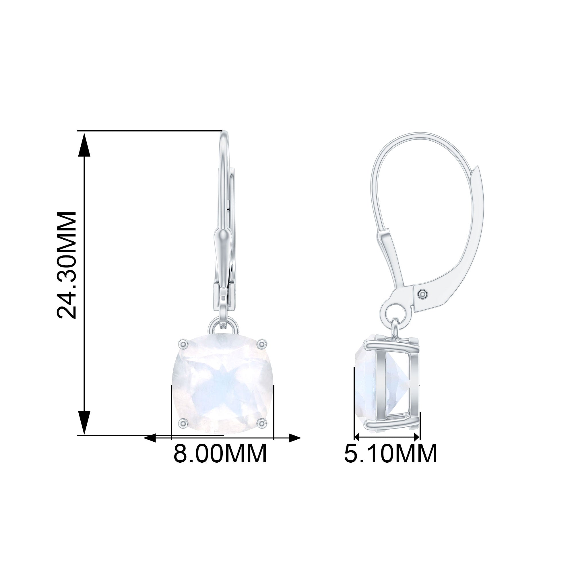 Cushion Cut Solitaire Moonstone Drop Earrings with Lever Back Moonstone - ( AAA ) - Quality - Rosec Jewels