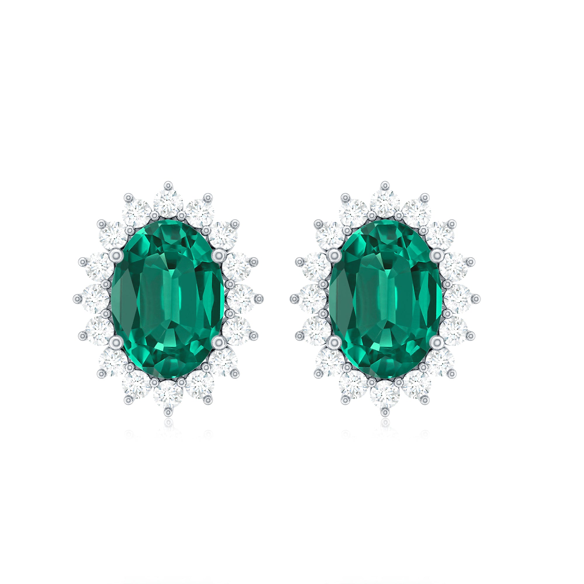 2 CT Oval Cut Created Emerald Statement Stud Earrings with Diamond Halo Lab Created Emerald - ( AAAA ) - Quality - Rosec Jewels