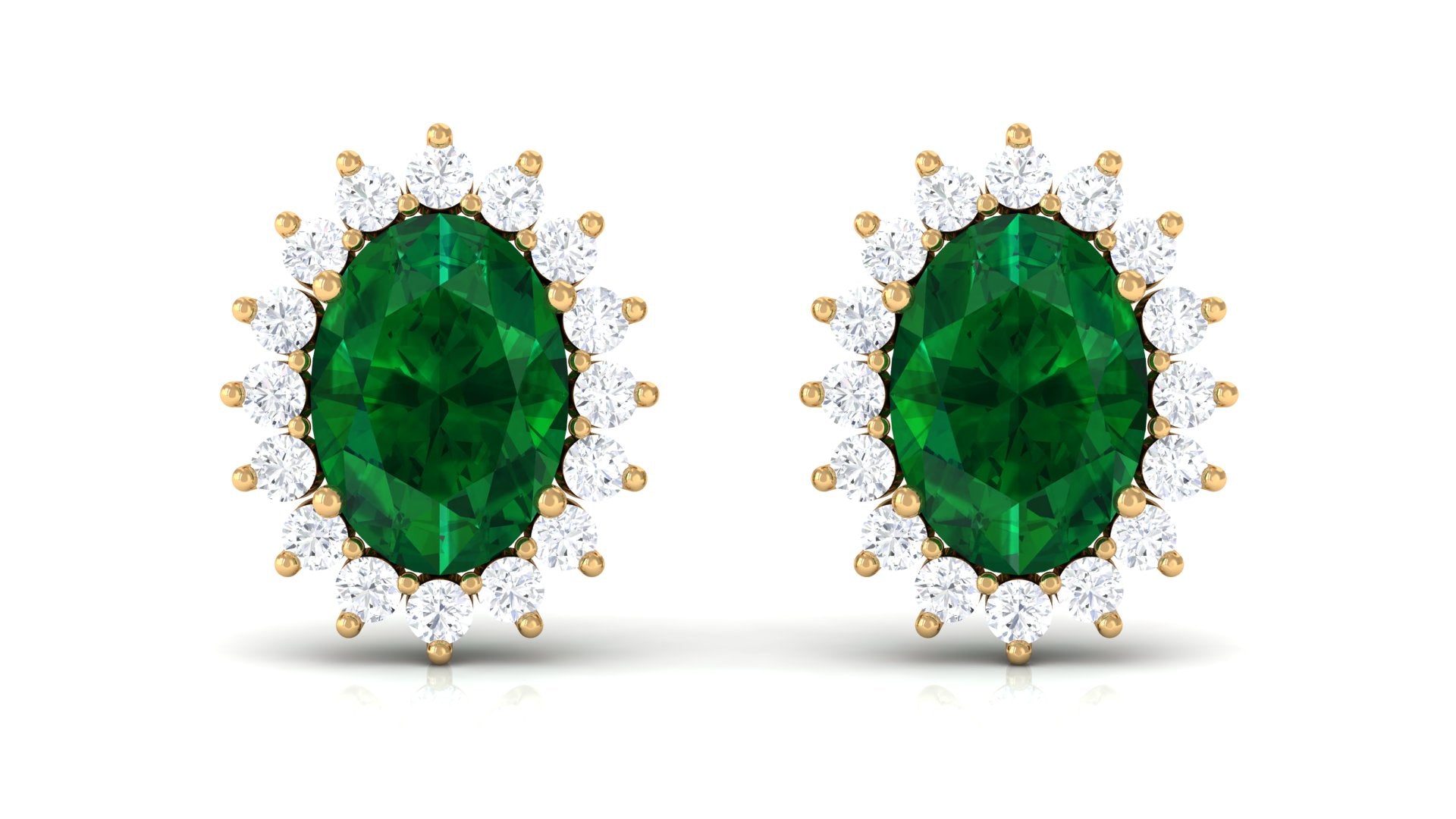 2 CT Oval Cut Created Emerald Statement Stud Earrings with Diamond Halo Lab Created Emerald - ( AAAA ) - Quality - Rosec Jewels