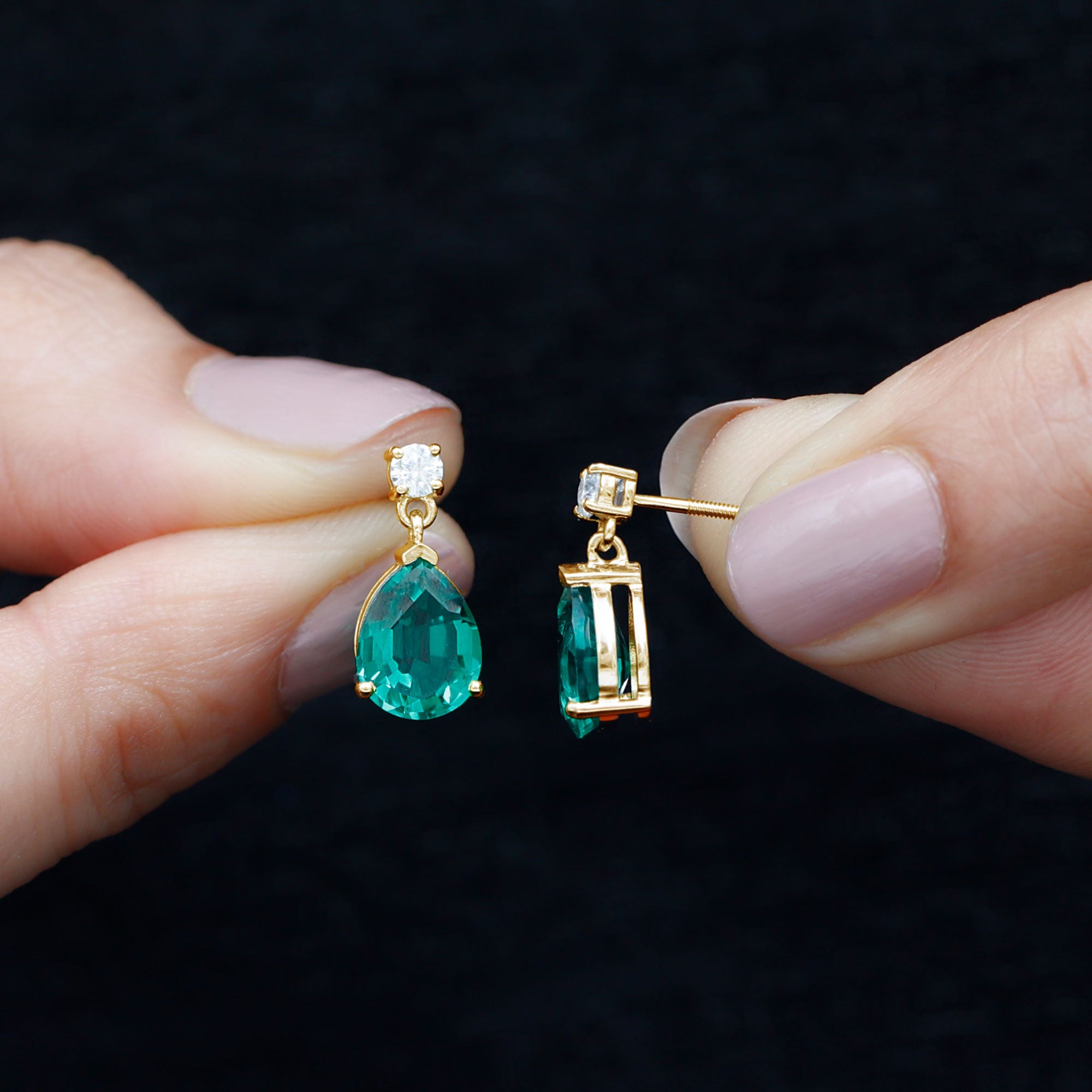 Pear Cut Created Emerald Teardrop Earrings with Moissanite Lab Created Emerald - ( AAAA ) - Quality - Rosec Jewels