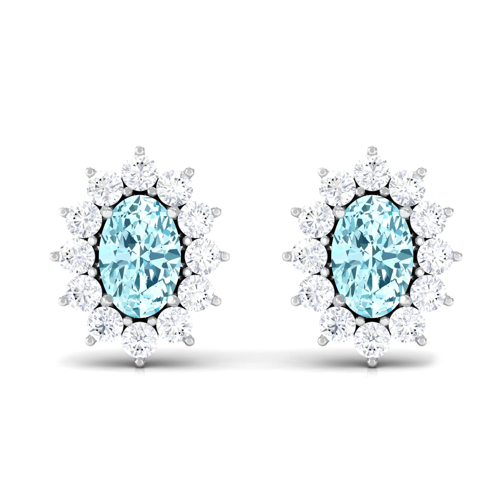 1.75 CT Oval Cut Aquamarine and Diamond Sunburst Stud Earrings Aquamarine - ( AAA ) - Quality - Rosec Jewels