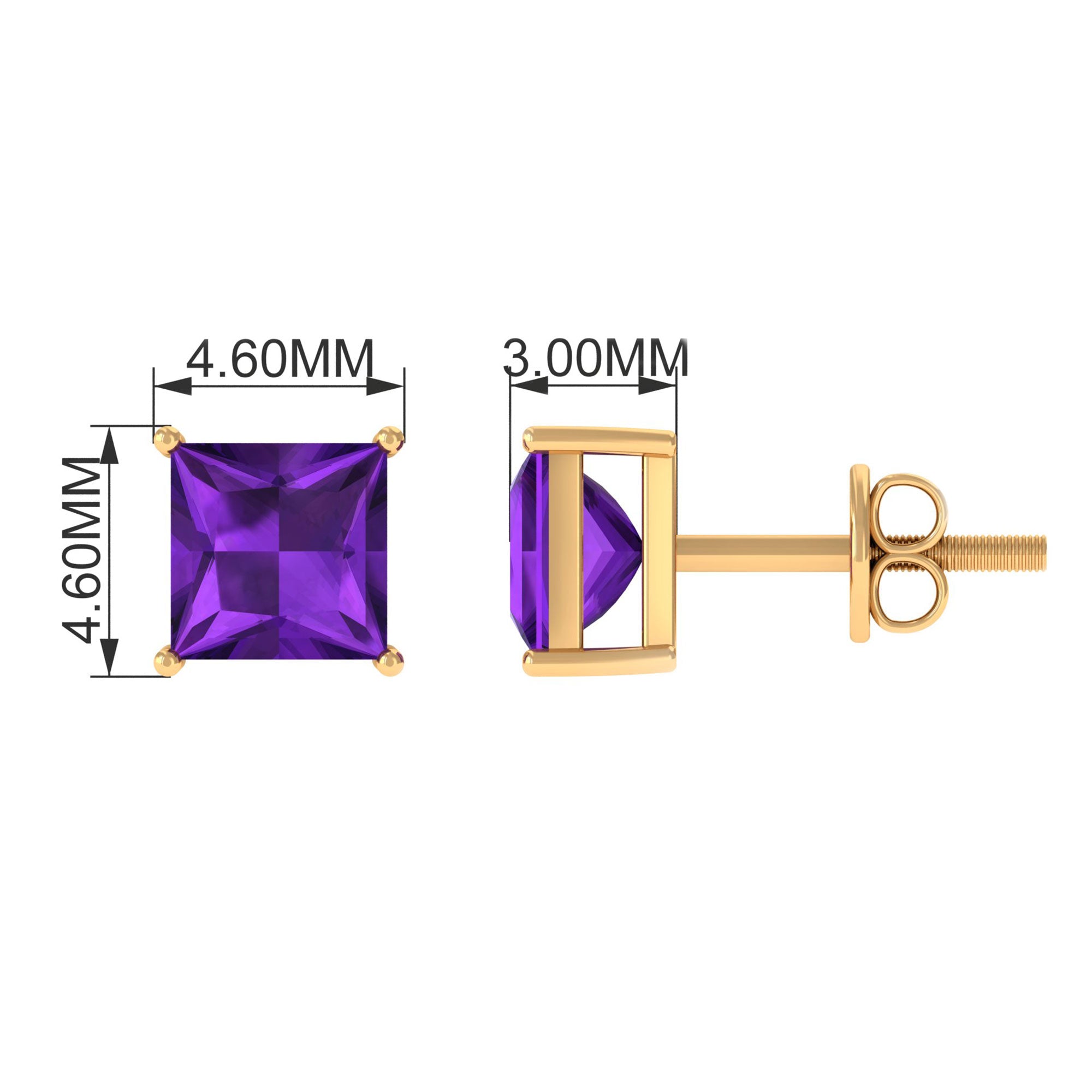 4 MM Classic Princess Cut Amethyst Solitaire Stud Earrings Amethyst - ( AAA ) - Quality - Rosec Jewels