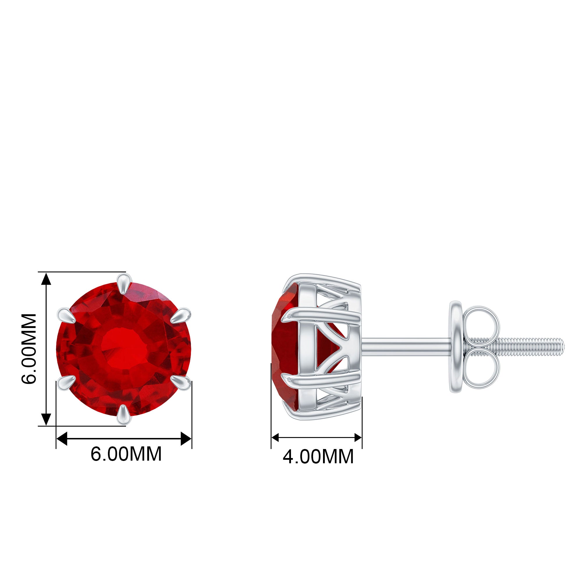 6 MM Round Created Ruby Solitaire Stud Earrings in Claw Setting Lab Created Ruby - ( AAAA ) - Quality - Rosec Jewels