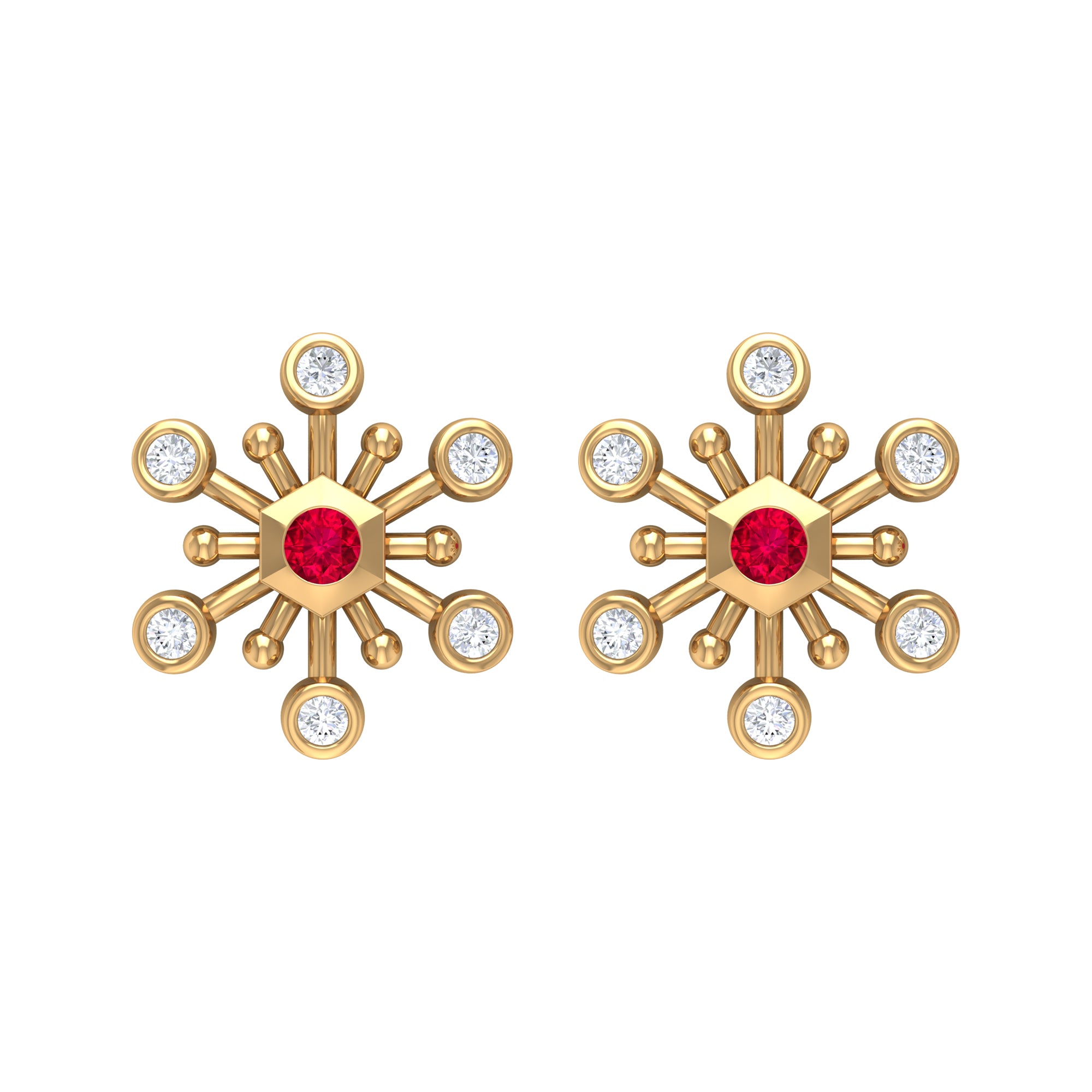 Created Ruby and Diamond Snowflake Contemporary Stud Earrings Lab Created Ruby - ( AAAA ) - Quality - Rosec Jewels