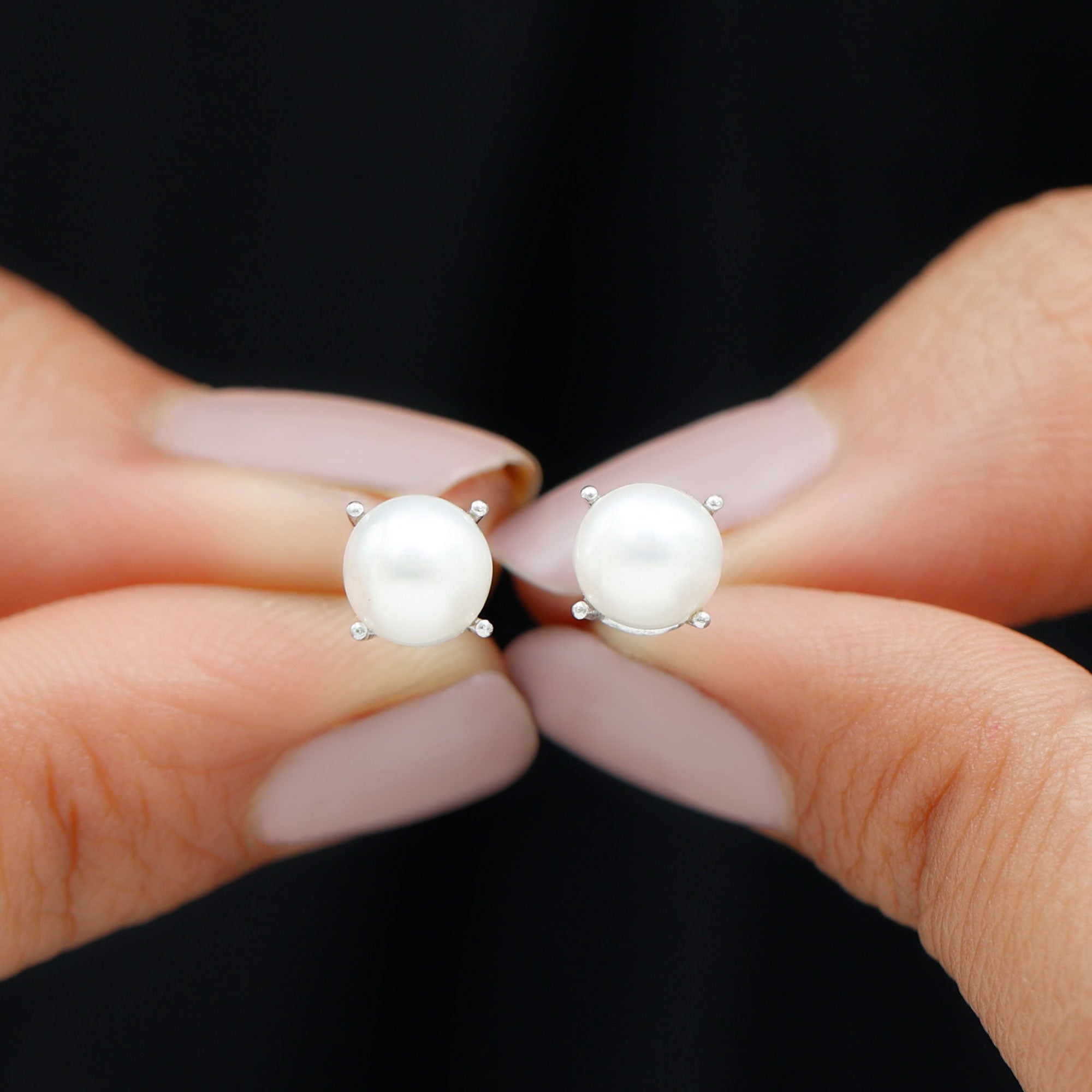 6 MM Round Freshwater Pearl Solitaire Stud Earrings Freshwater Pearl - ( AAA ) - Quality - Rosec Jewels