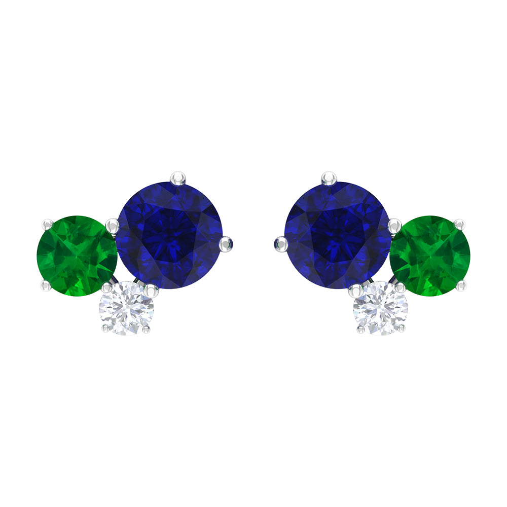 1 CT Blue Sapphire and Emerald Tiny Stud Earrings with Moissanite Blue Sapphire - ( AAA ) - Quality - Rosec Jewels