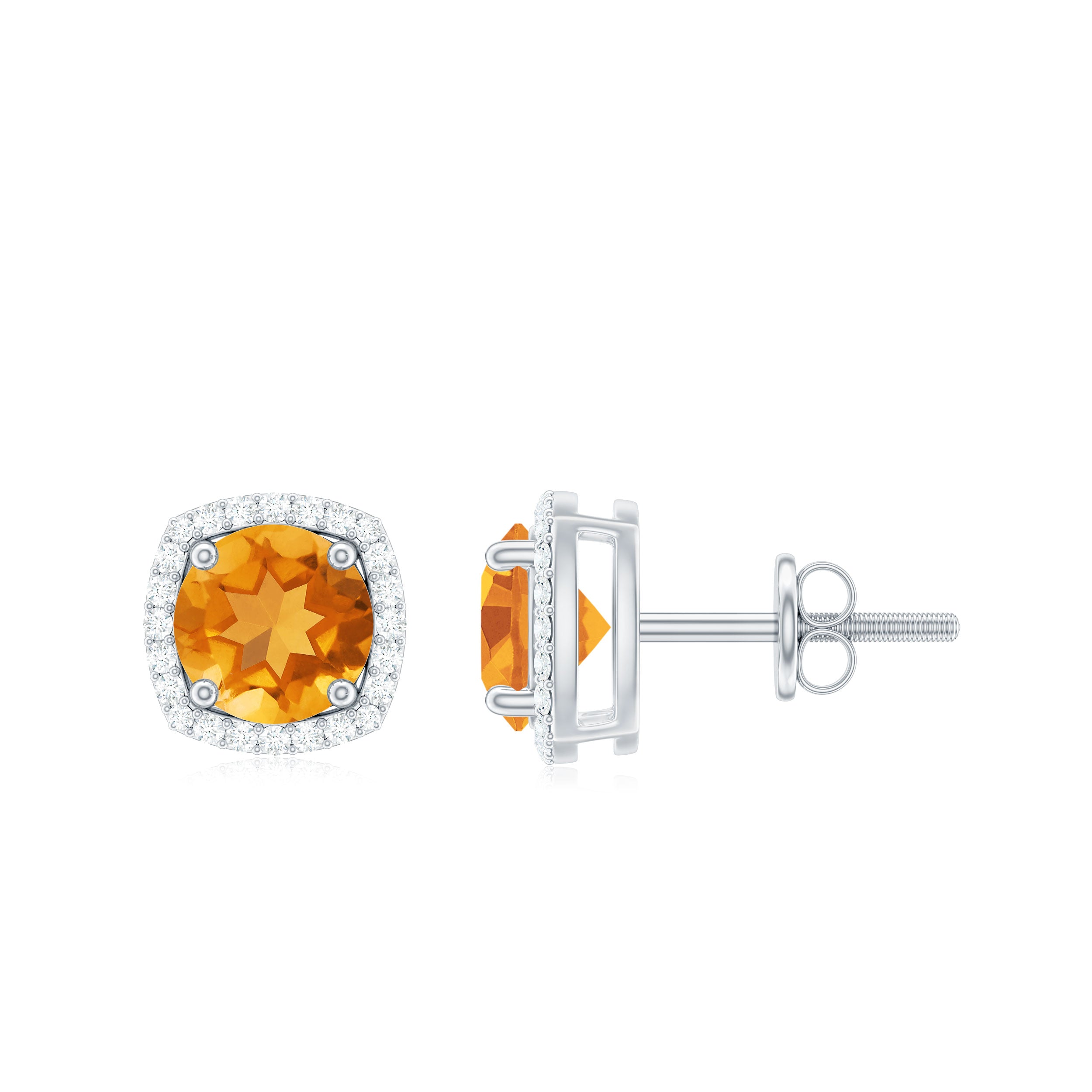 Round Shape Citrine Stud Earrings with Diamond Halo Citrine - ( AAA ) - Quality - Rosec Jewels