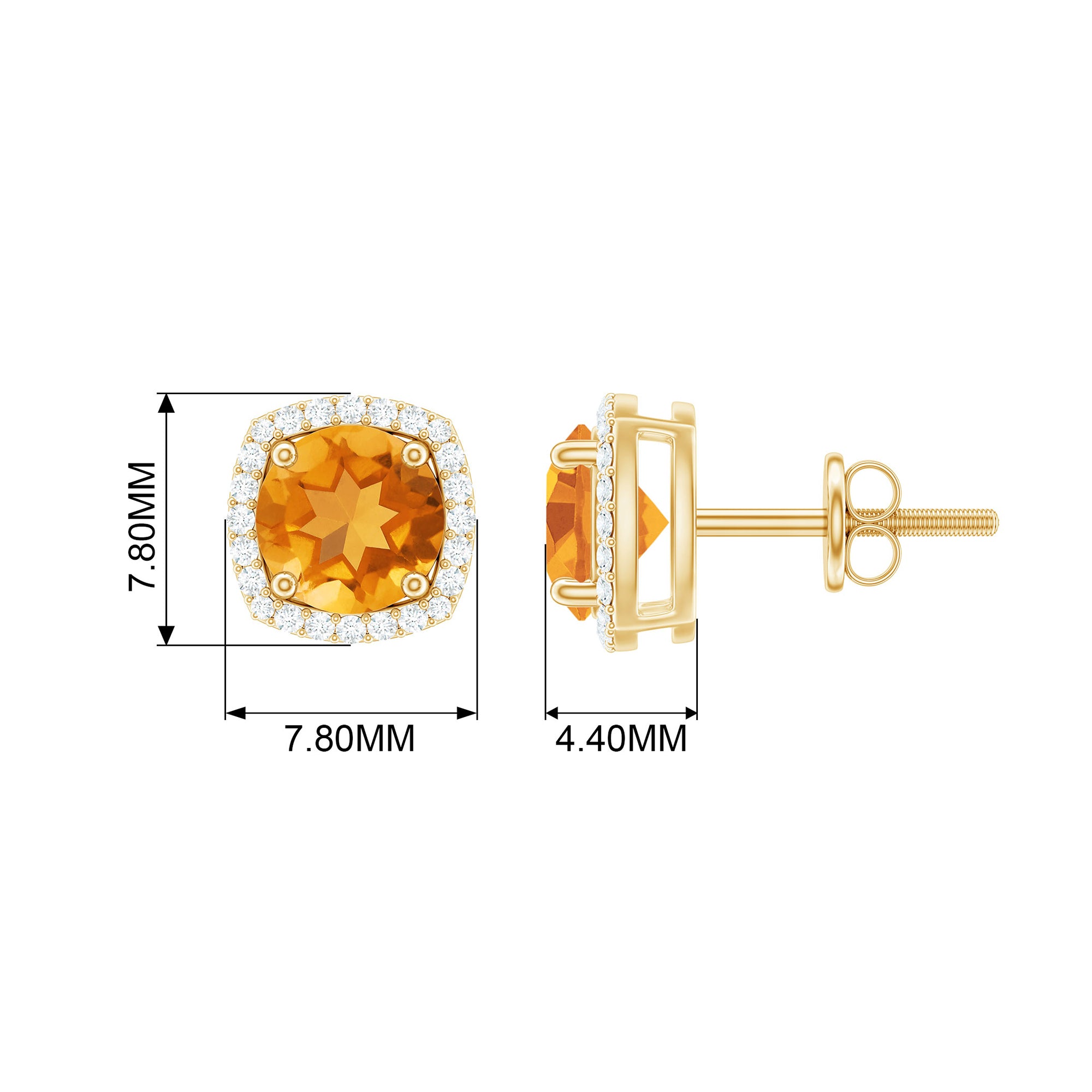 Round Shape Citrine Stud Earrings with Diamond Halo Citrine - ( AAA ) - Quality - Rosec Jewels