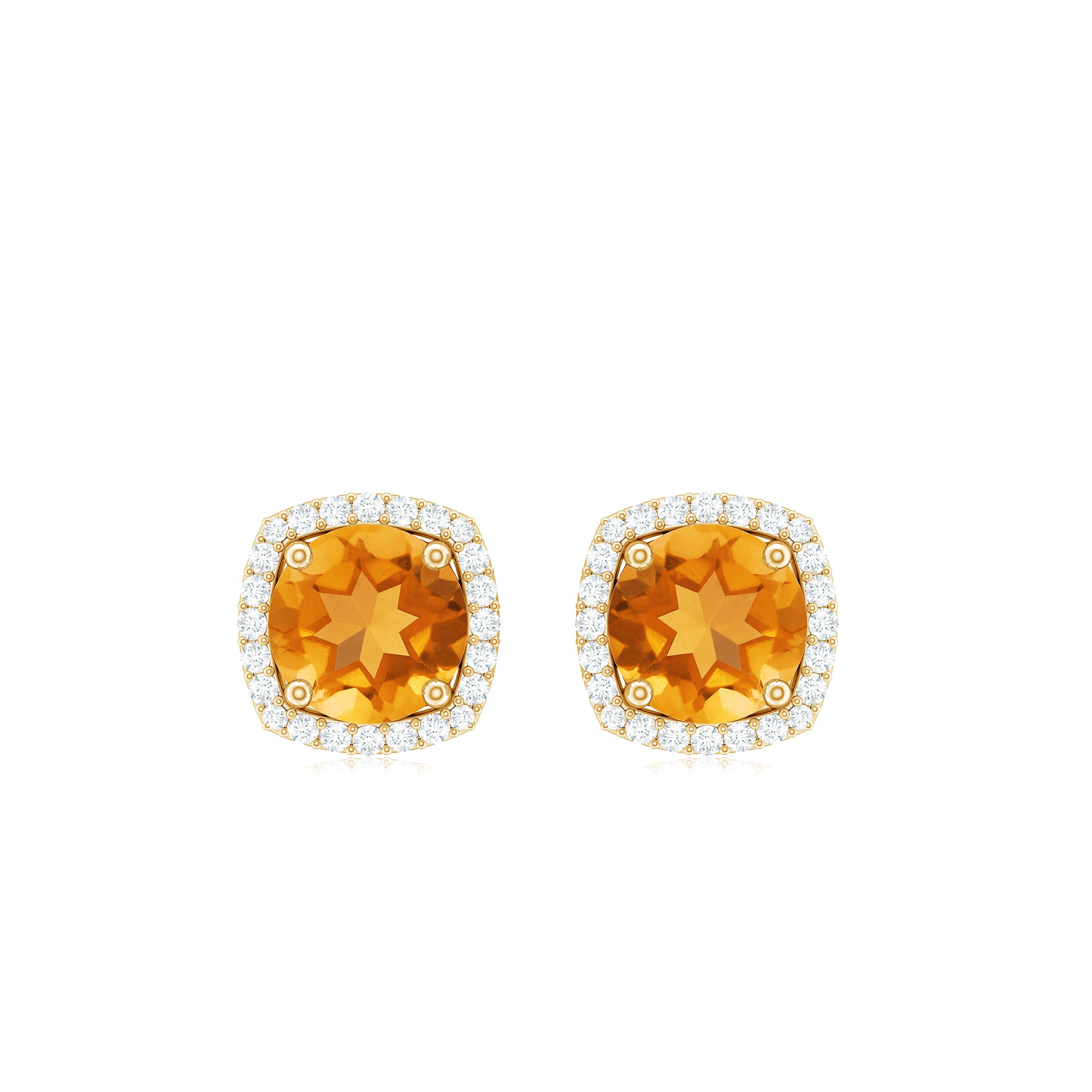 Round Shape Citrine Stud Earrings with Diamond Halo Citrine - ( AAA ) - Quality - Rosec Jewels