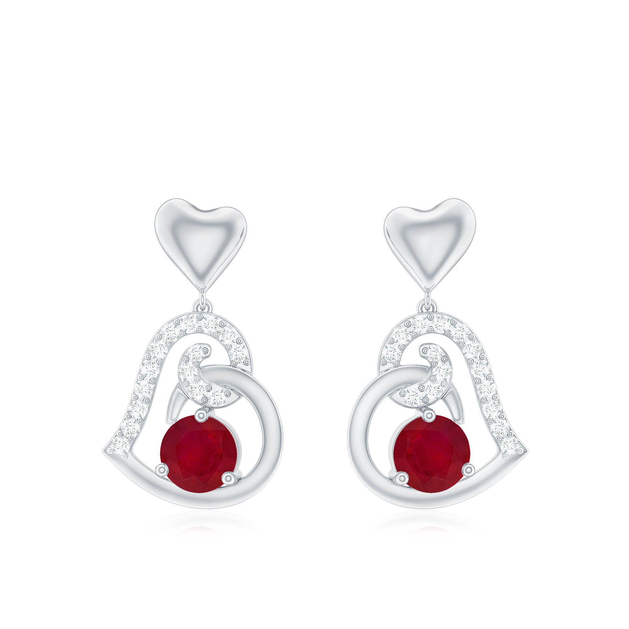 Round Ruby Heart Drop Earring with Diamond Accent Ruby - ( AAA ) - Quality - Rosec Jewels