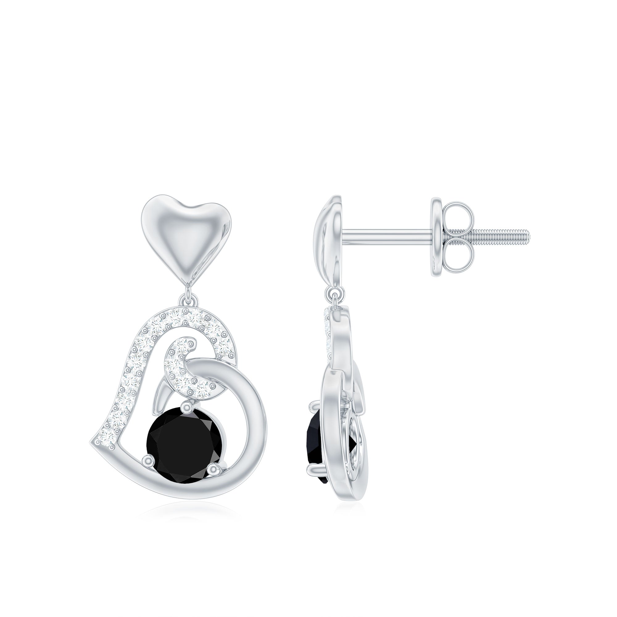 Round Created Black Diamond Heart Drop Earrings with Diamond Lab Created Black Diamond - ( AAAA ) - Quality - Rosec Jewels