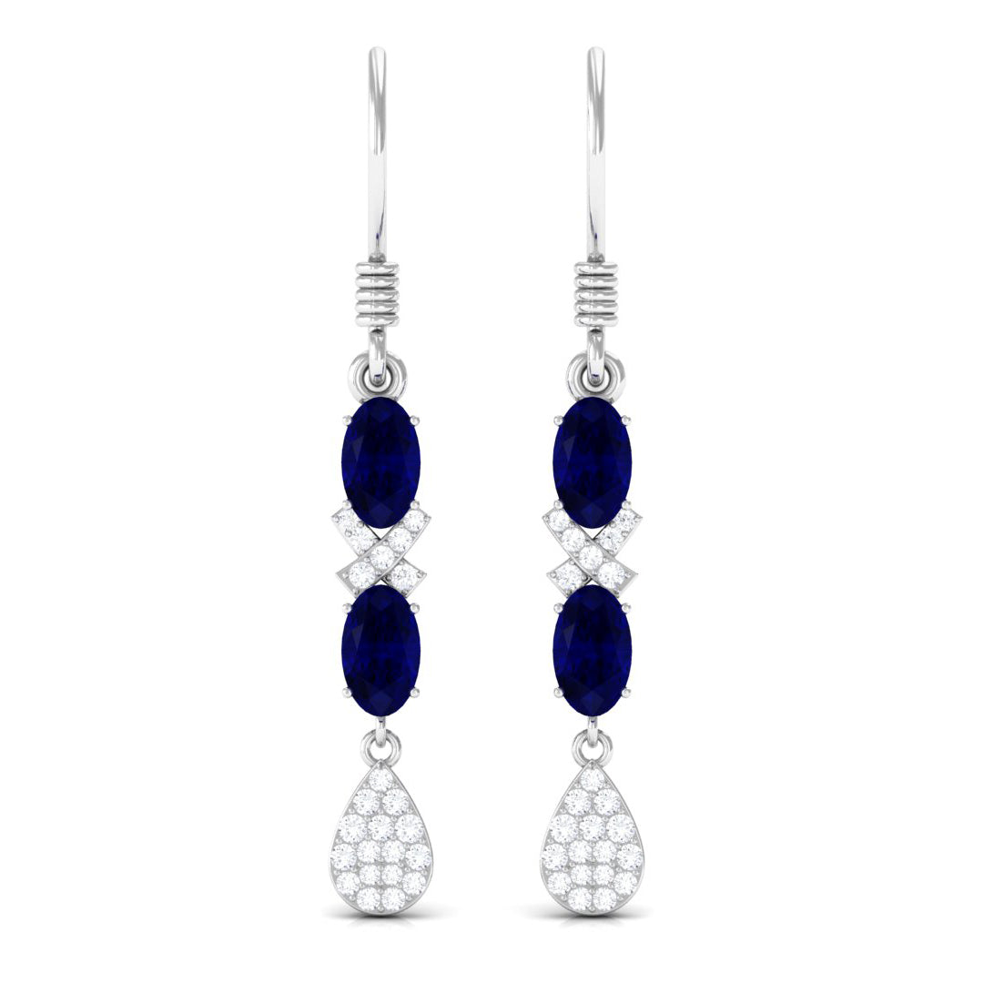 2 CT Oval Cut Blue Sapphire and Diamond Dangle Earrings Blue Sapphire - ( AAA ) - Quality - Rosec Jewels