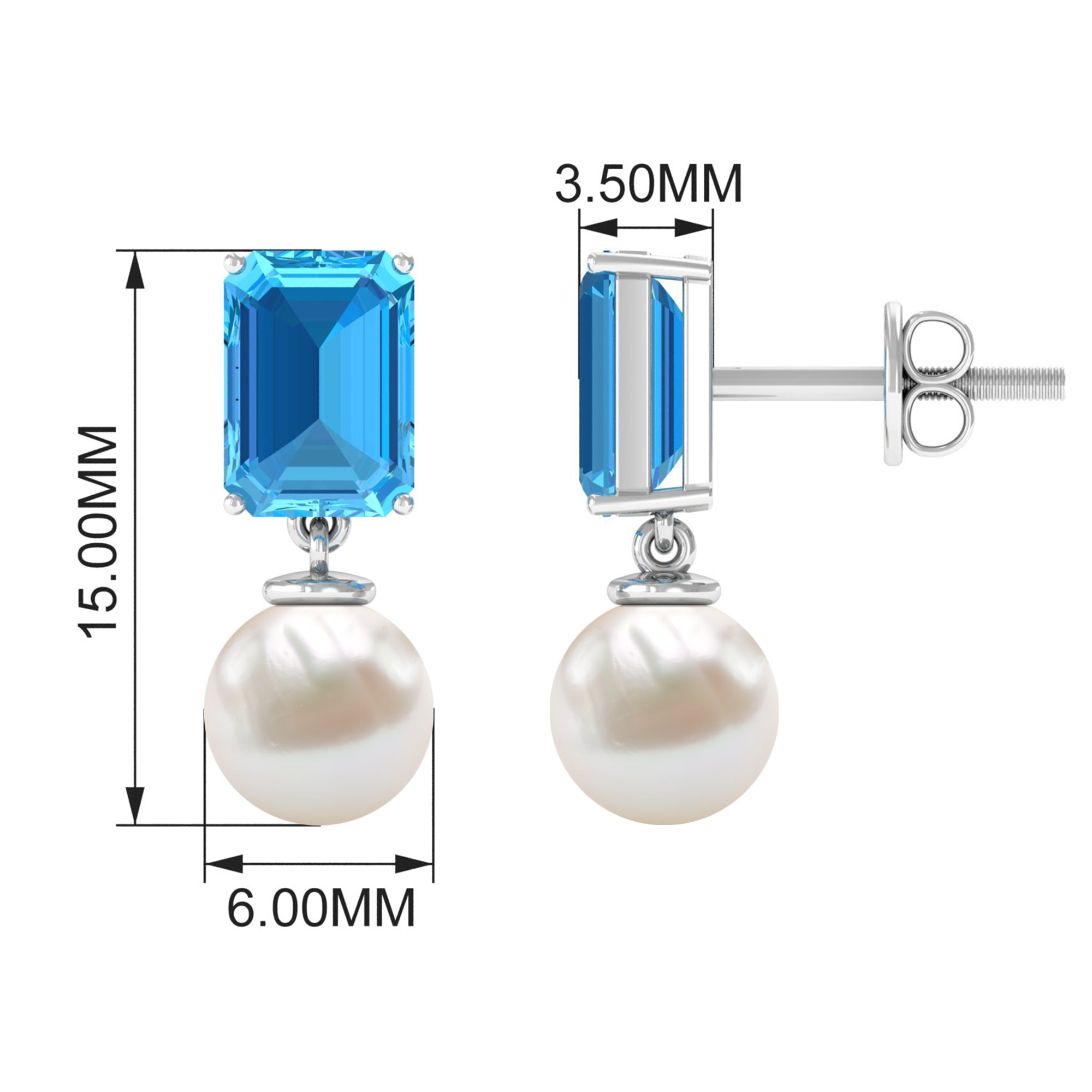 Emerald Cut Swiss Blue Topaz and Freshwater Pearl Drop Earrings Freshwater Pearl - ( AAA ) - Quality - Rosec Jewels