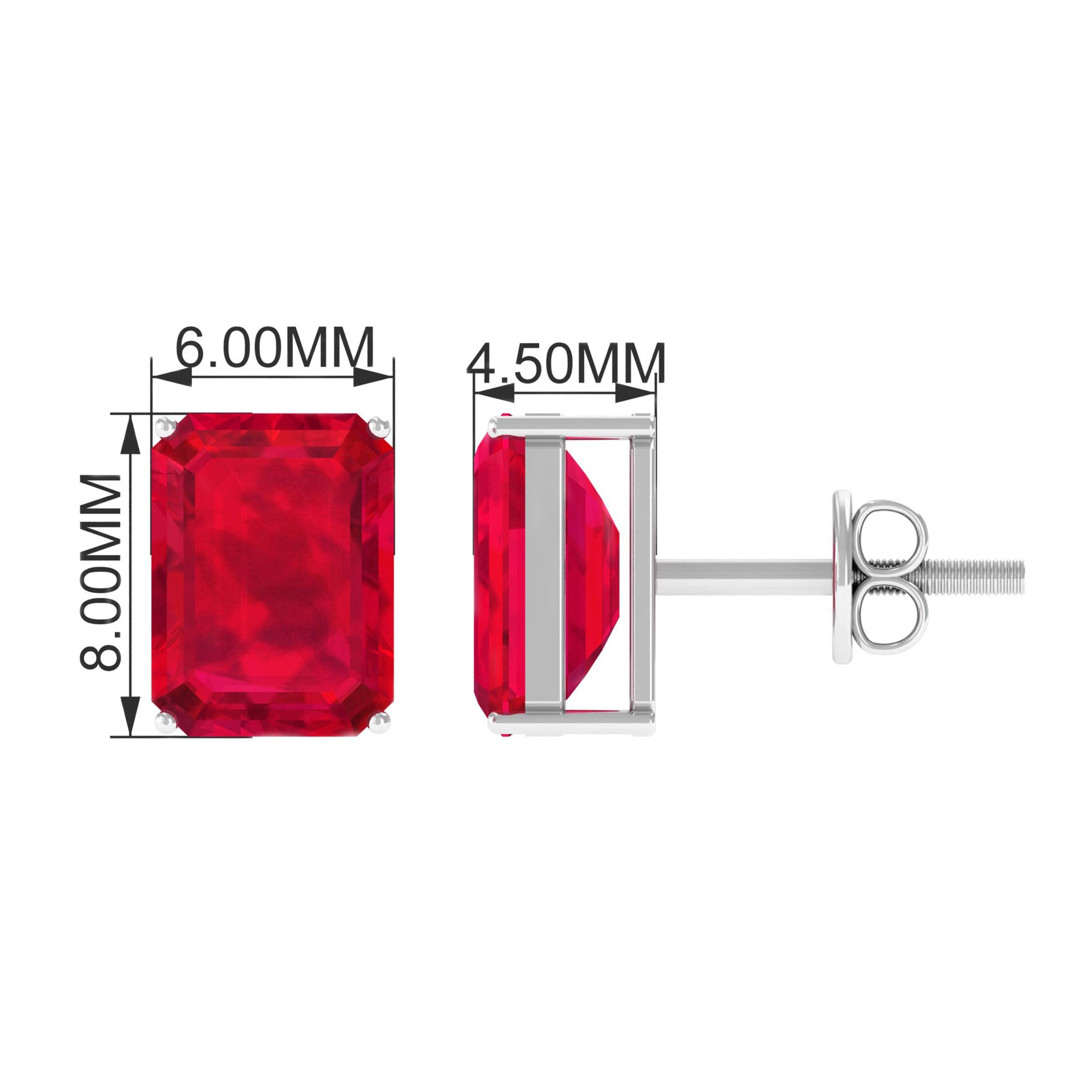 6X8 MM Emerald Cut Created Ruby Solitaire Stud Earrings Lab Created Ruby - ( AAAA ) - Quality - Rosec Jewels