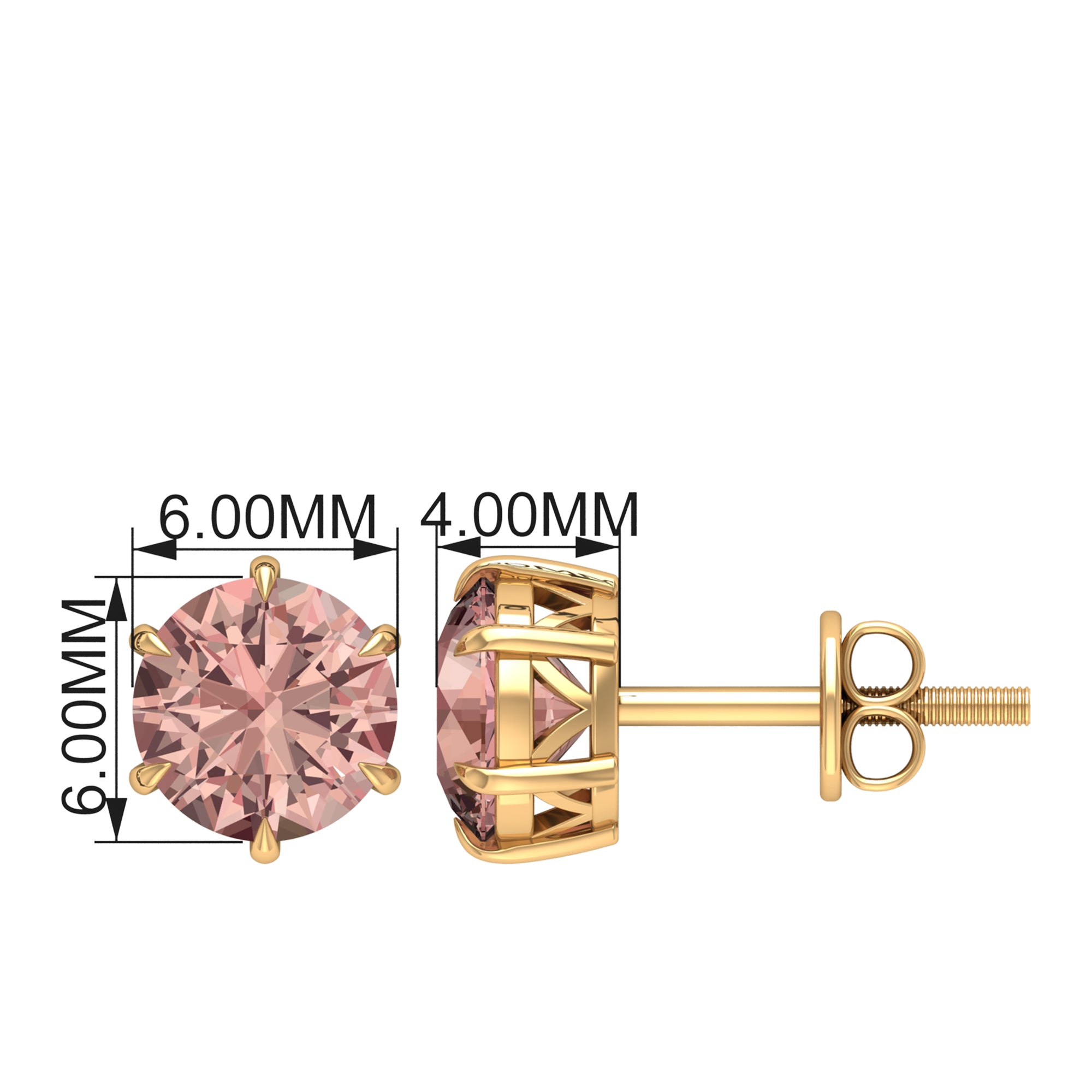 6X6 MM Morganite Solitaire Stud Earring in 6 Claw Prong Setting Morganite - ( AAA ) - Quality - Rosec Jewels