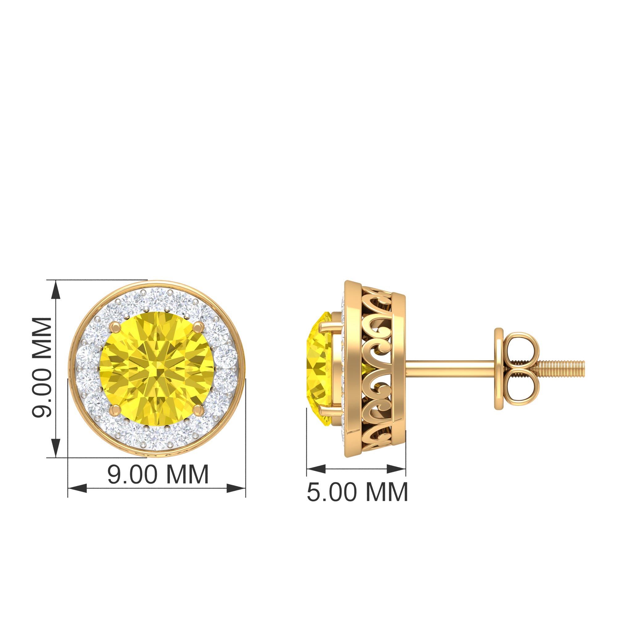 Classic Stud Earrings with Lab Grown Yellow Sapphire and Diamond Halo Lab Created Yellow Sapphire - ( AAAA ) - Quality - Rosec Jewels