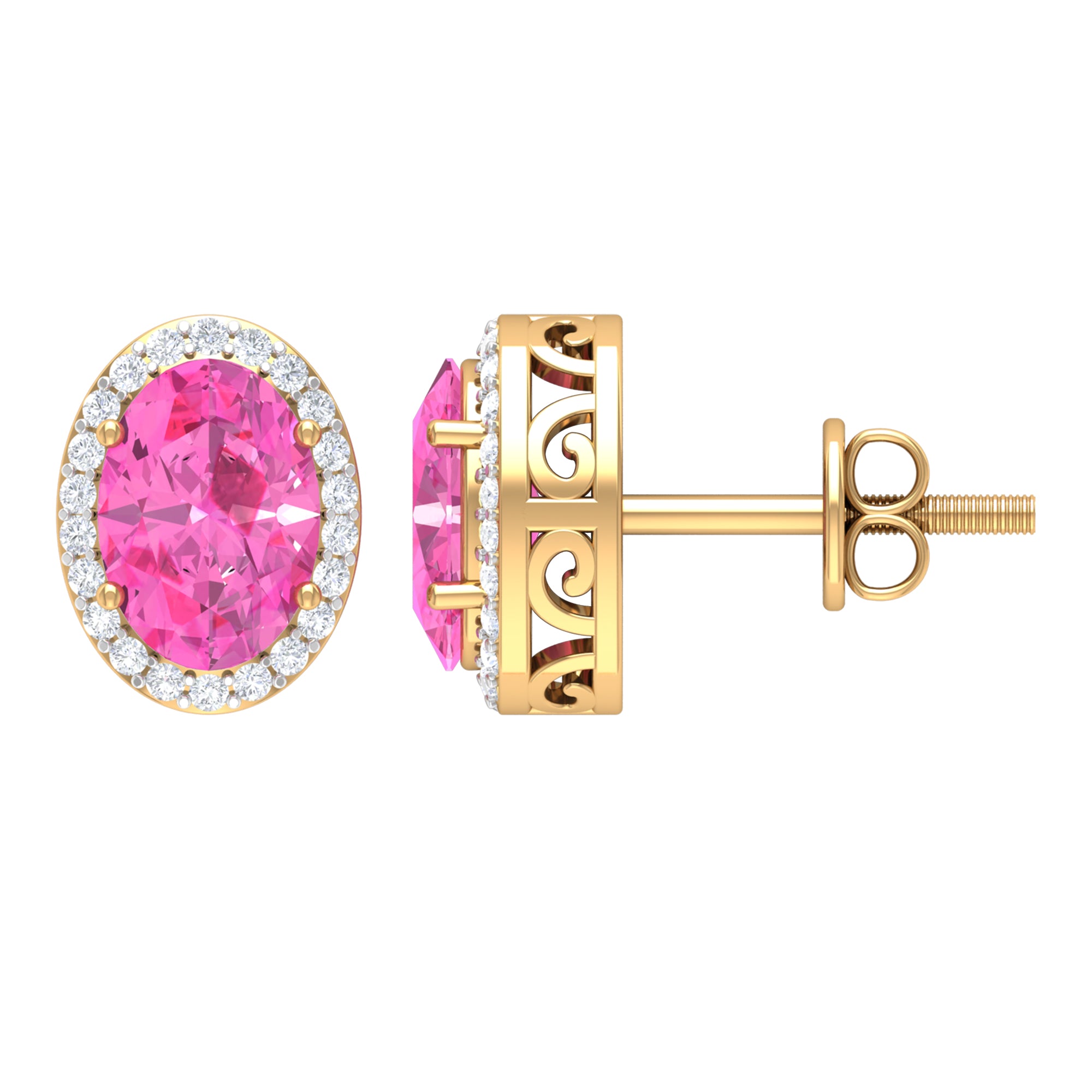 Classic Oval Cut Pink Sapphire and Diamond Halo Stud Earrings Pink Sapphire - ( AAA ) - Quality - Rosec Jewels