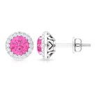 Round Pink Sapphire Halo Stud Earrings with Diamond Pink Sapphire - ( AAA ) - Quality - Rosec Jewels