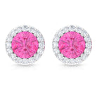 Round Pink Sapphire Halo Stud Earrings with Diamond Pink Sapphire - ( AAA ) - Quality - Rosec Jewels