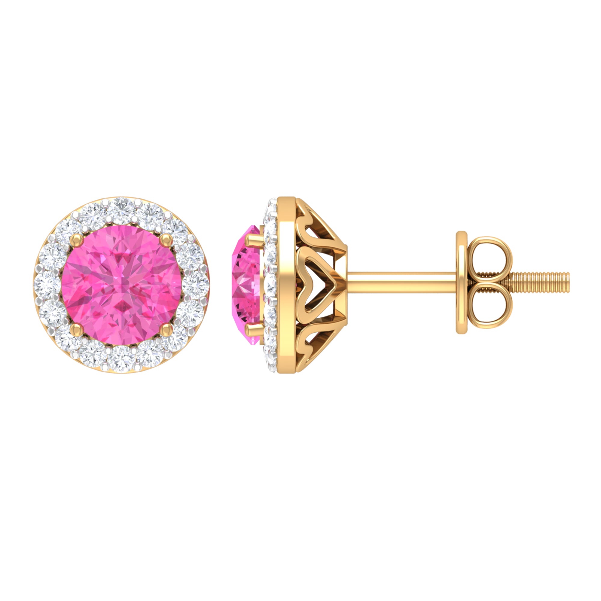 Round Pink Sapphire Halo Stud Earrings with Diamond Pink Sapphire - ( AAA ) - Quality - Rosec Jewels