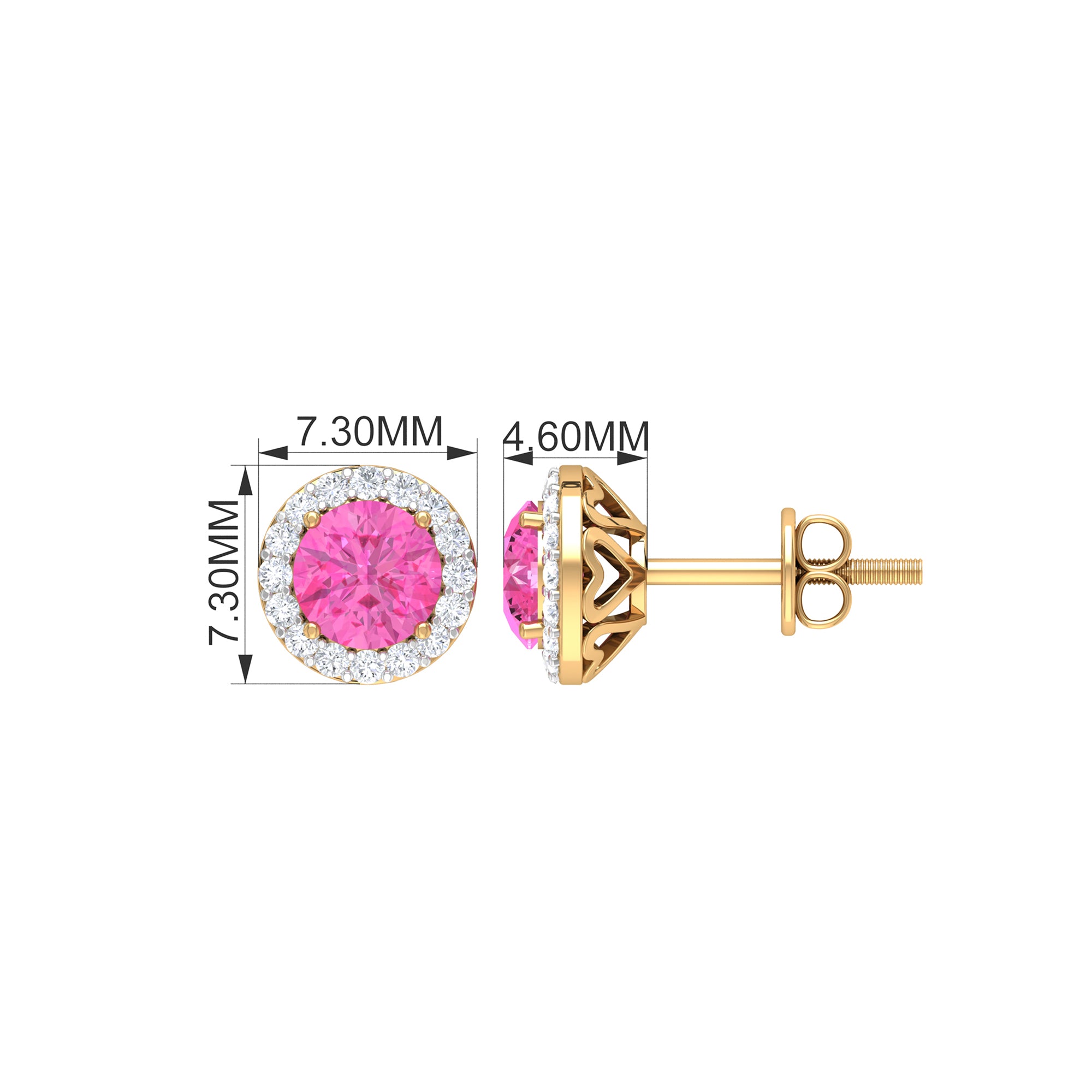 Round Pink Sapphire Halo Stud Earrings with Diamond Pink Sapphire - ( AAA ) - Quality - Rosec Jewels